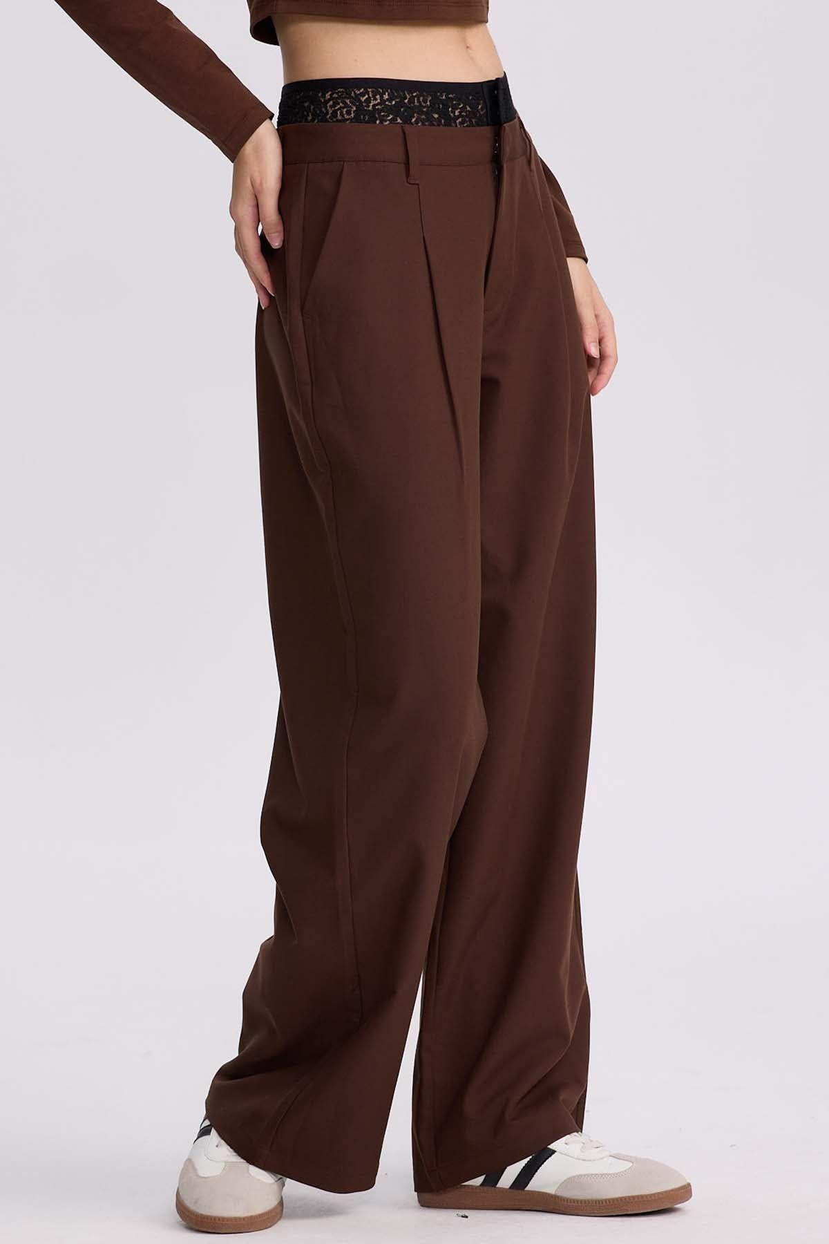 Pantalón Mujer Doble Pretina Encaje Cafe-1