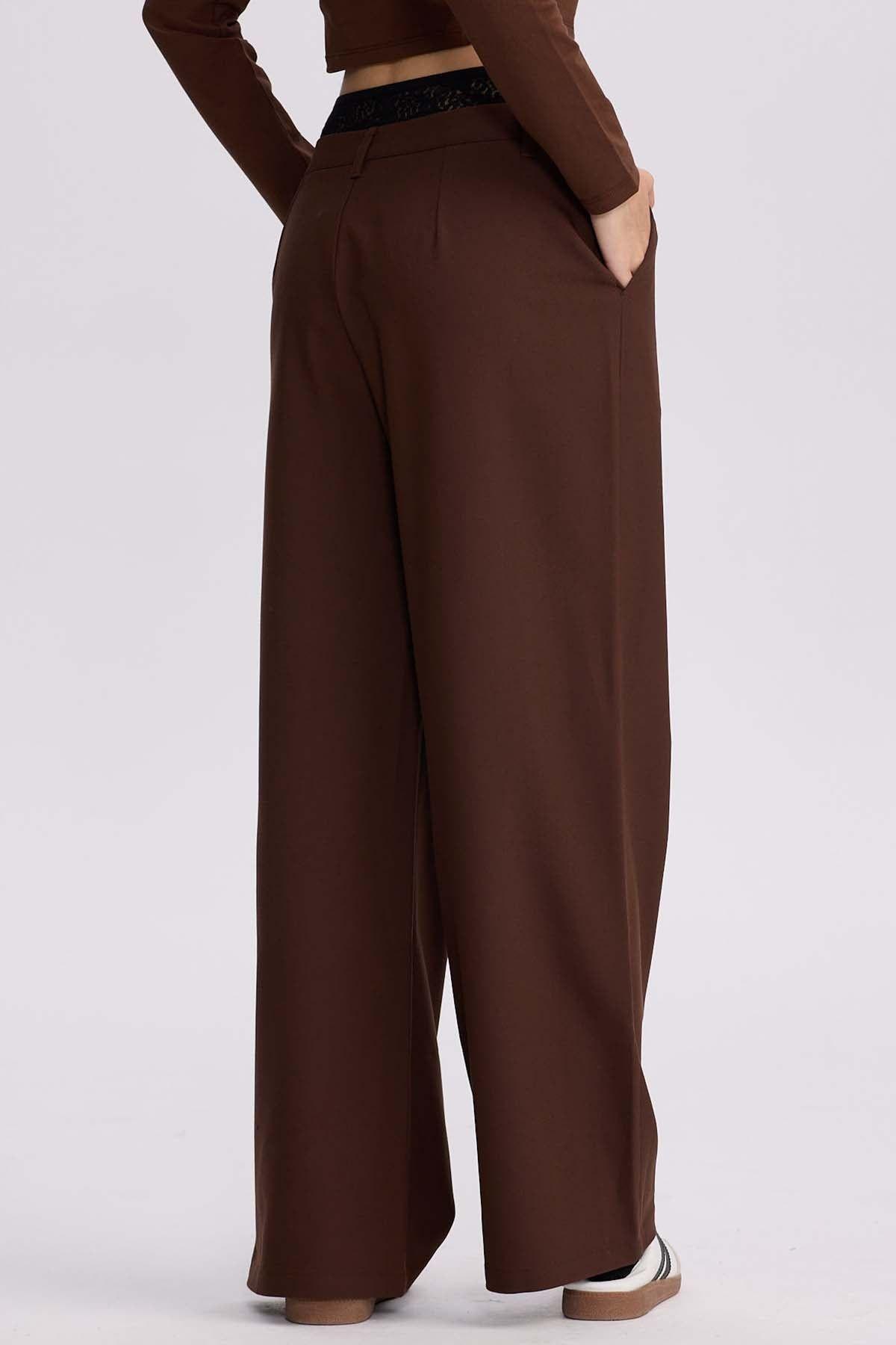 Pantalón Mujer Doble Pretina Encaje Cafe-2