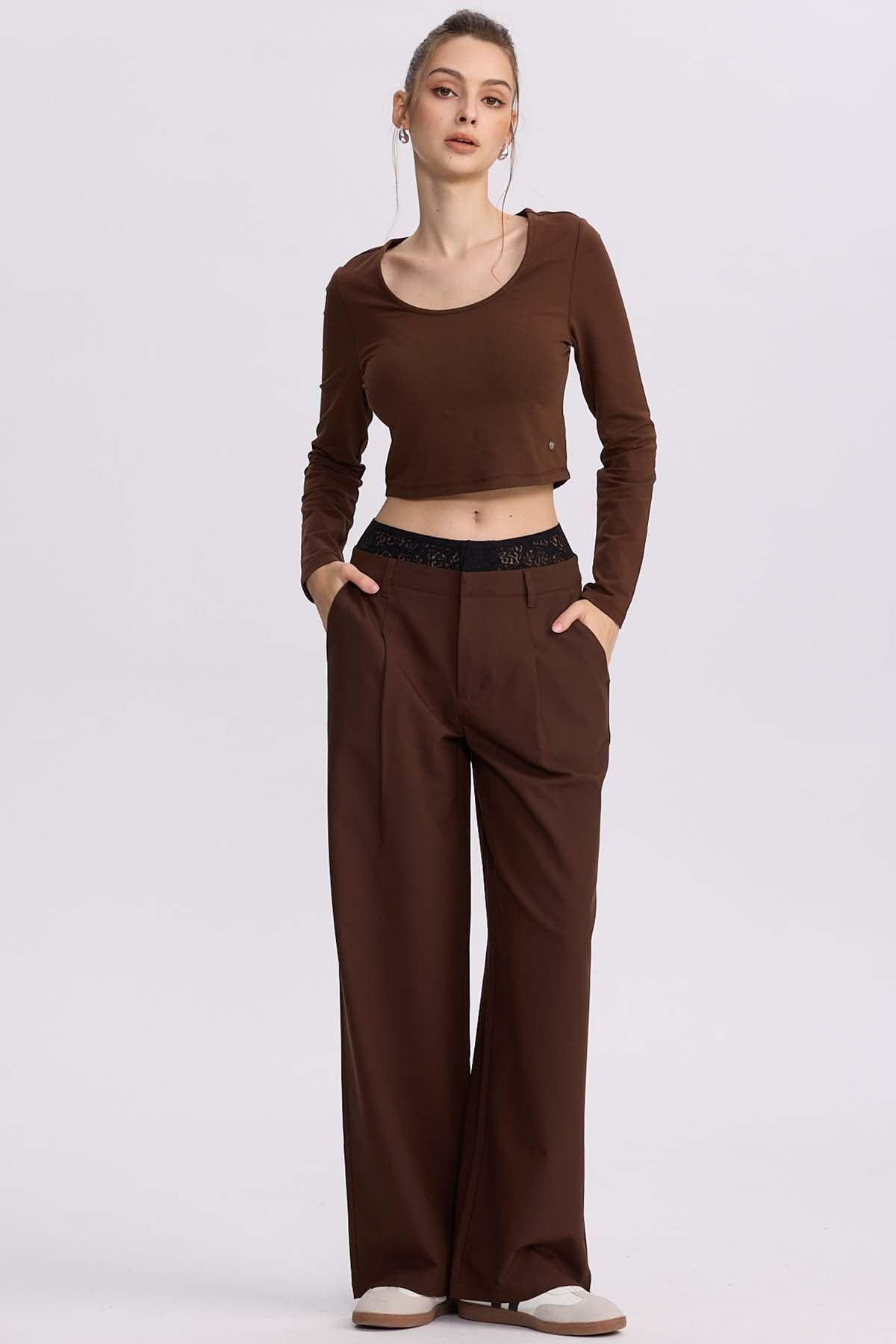 Pantalón Mujer Doble Pretina Encaje Cafe-3