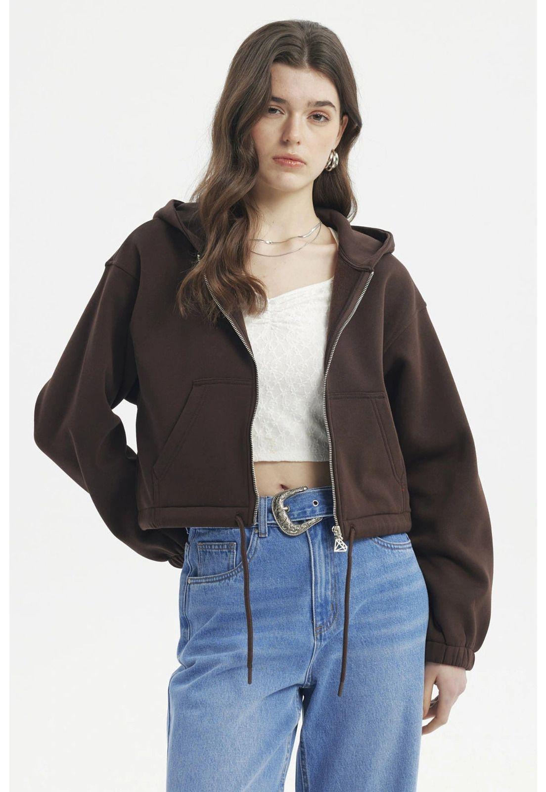 Polerón Mujer Zipper Crop Café Oscuro-0