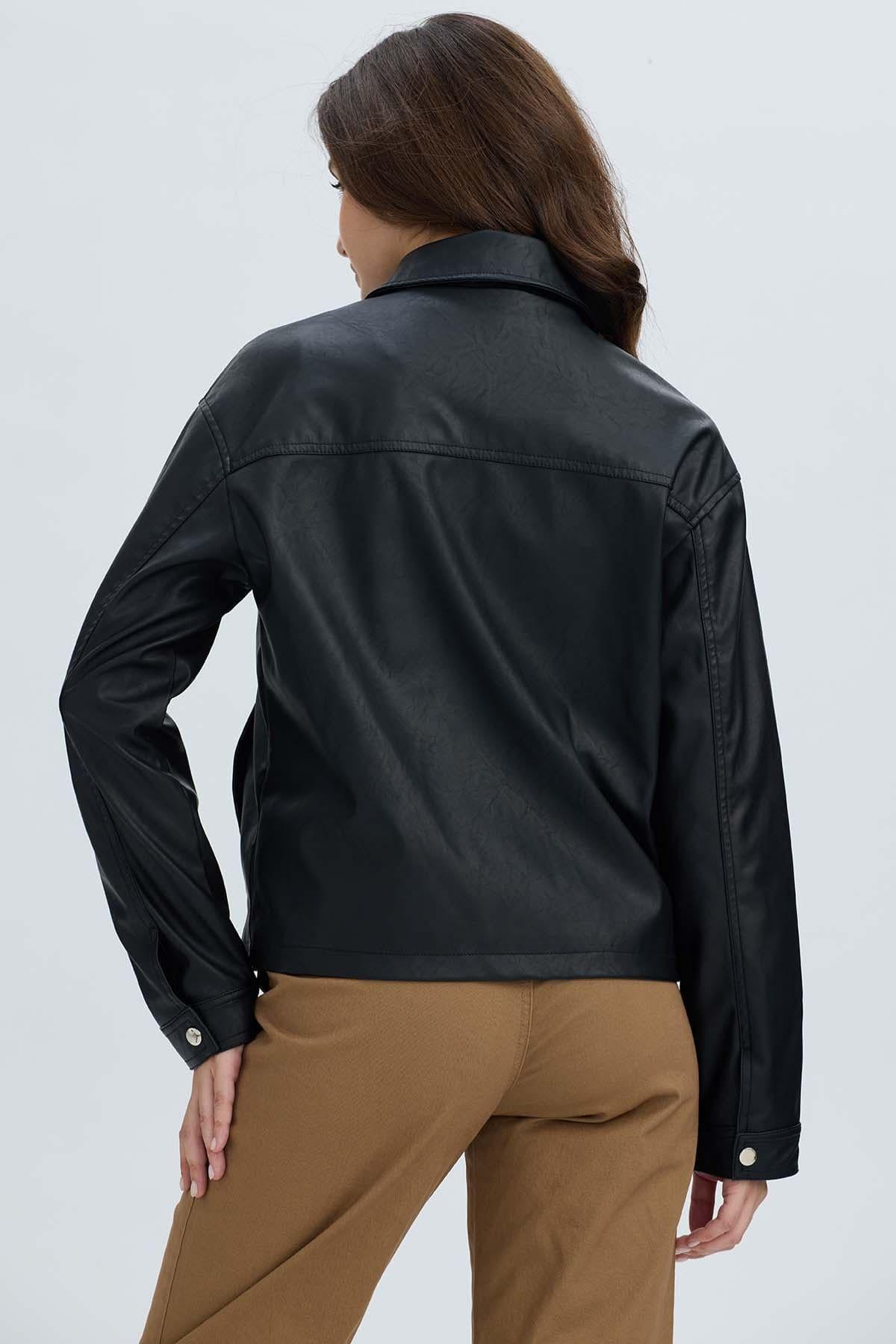 Chaqueta Mujer Efecto Cuero Bolsillos Negro-2