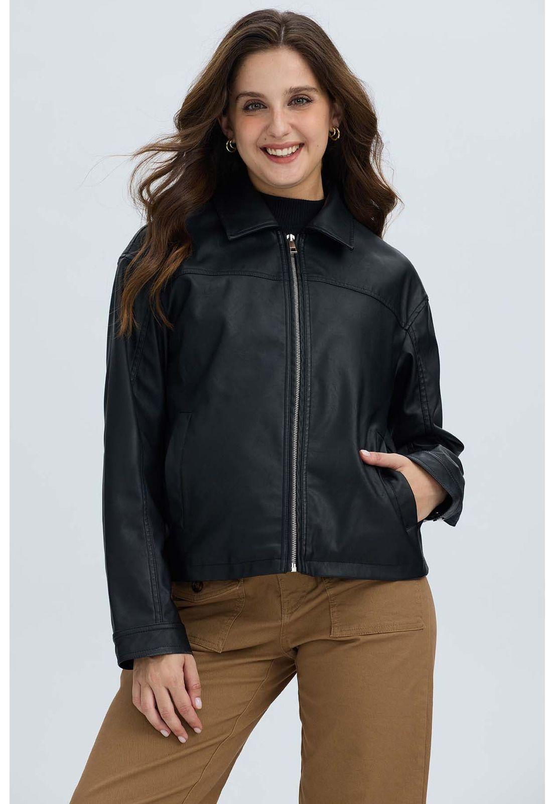 Chaqueta Mujer Efecto Cuero Bolsillos Negro-1