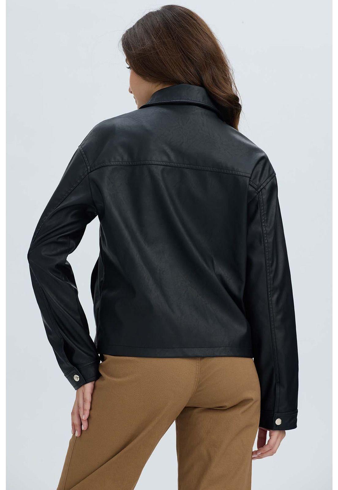 Chaqueta Mujer Efecto Cuero Bolsillos Negro-2