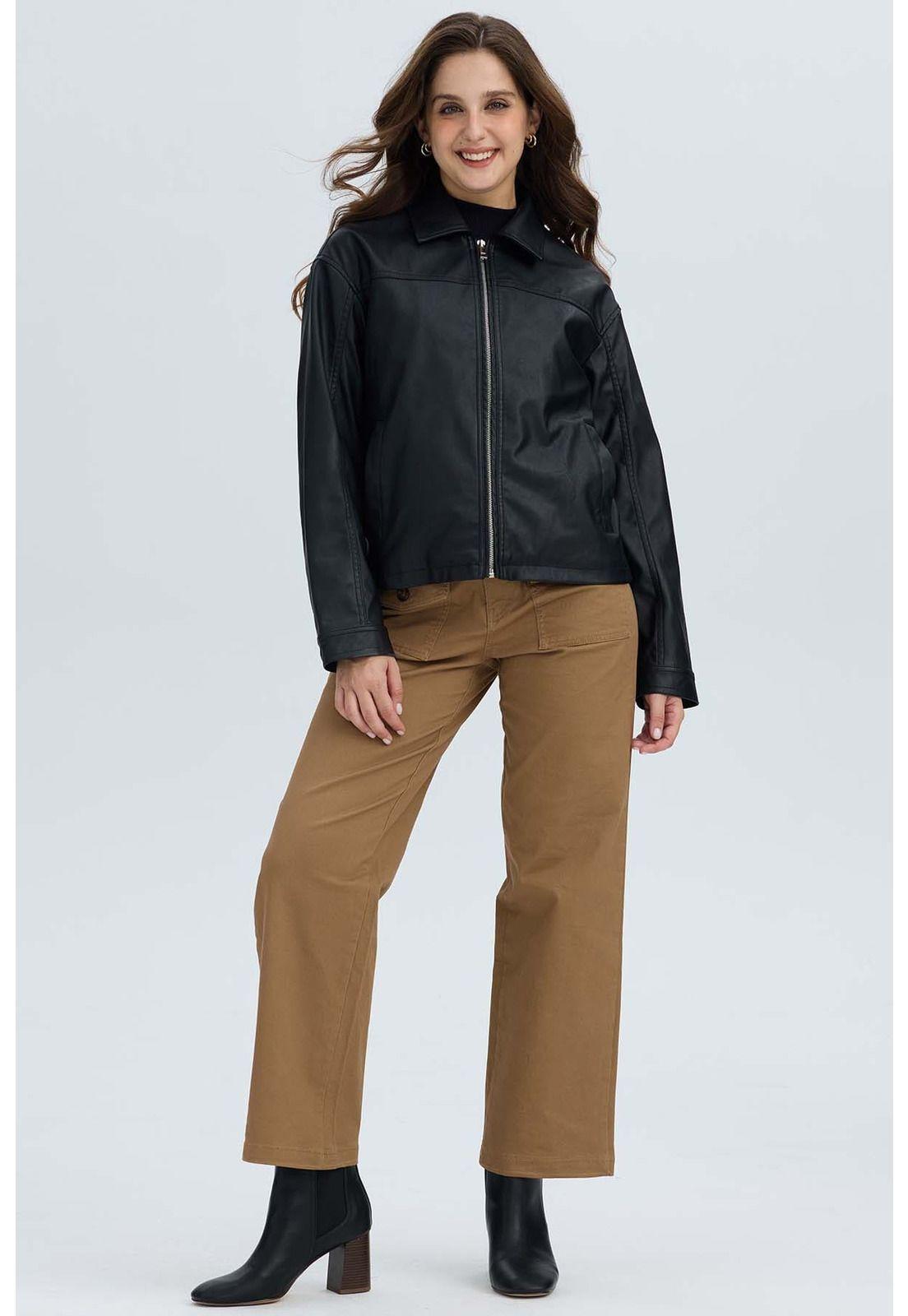 Chaqueta Mujer Efecto Cuero Bolsillos Negro-3