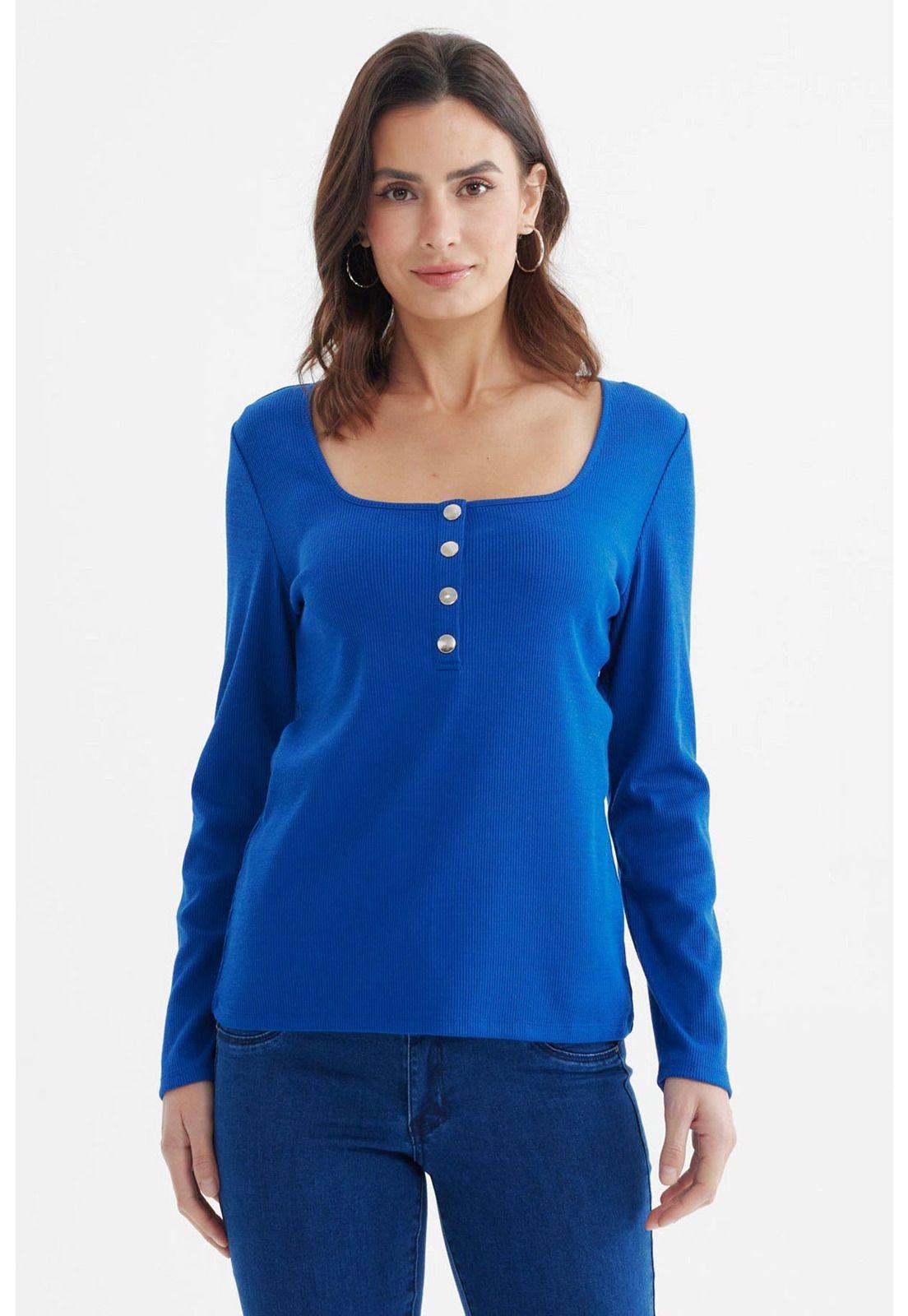 Polera Mujer Escote Cuadrado Botones Metálicos Azul-0