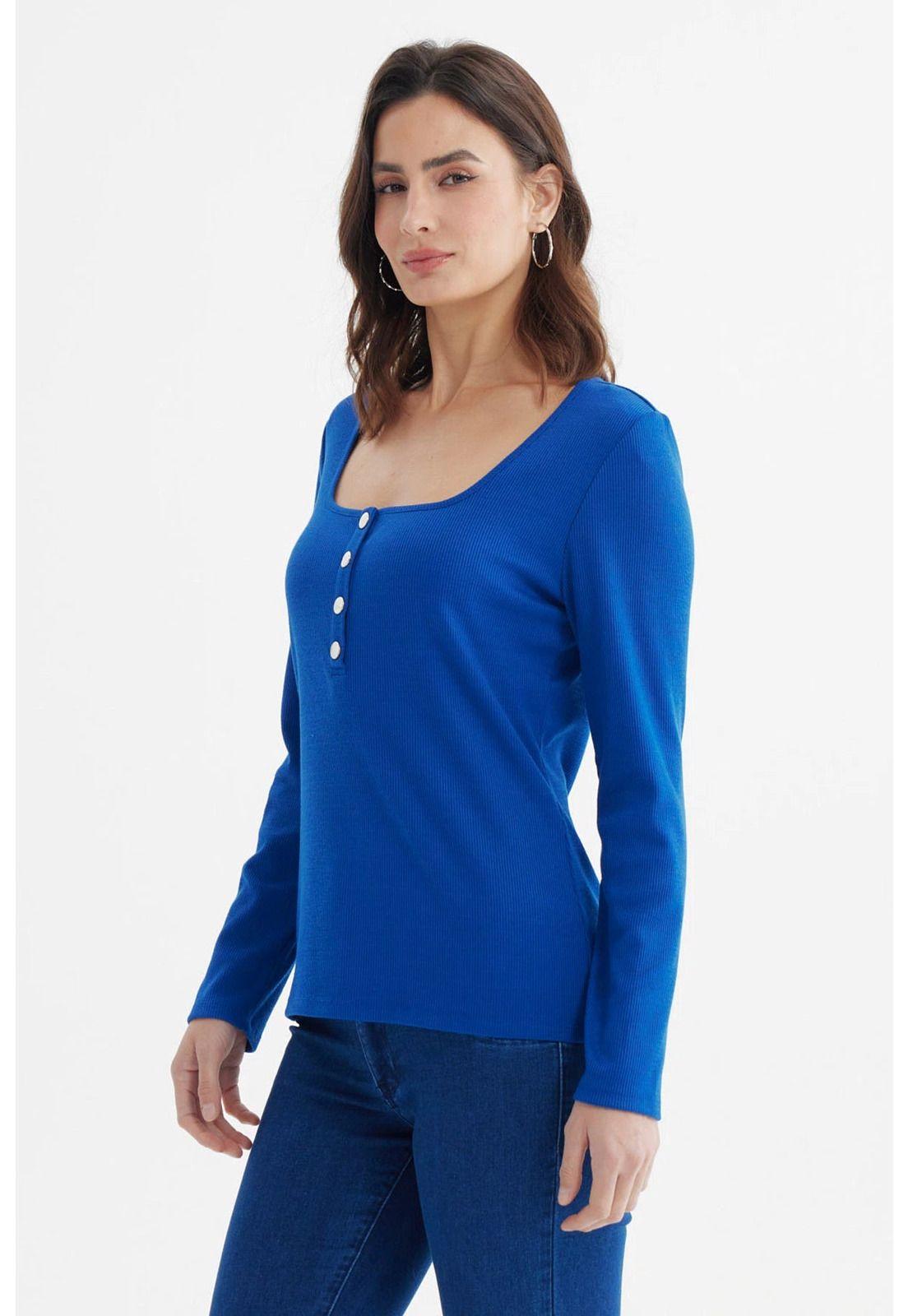 Polera Mujer Escote Cuadrado Botones Metálicos Azul-1