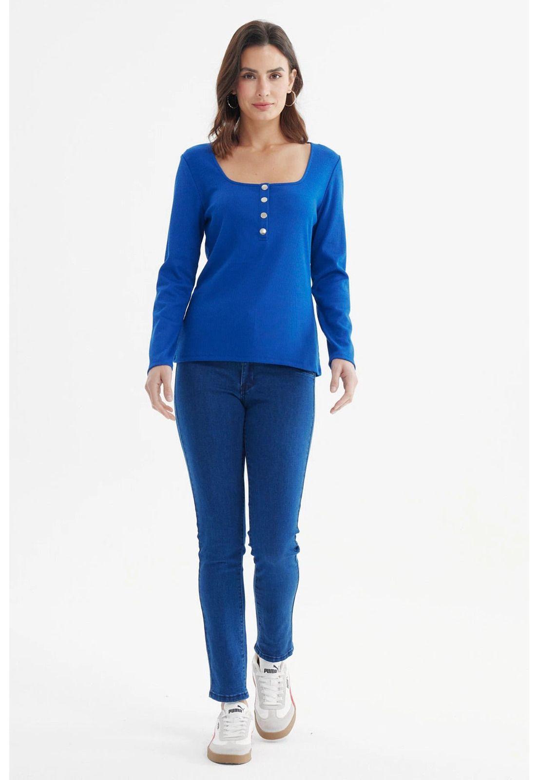 Polera Mujer Escote Cuadrado Botones Metálicos Azul-3