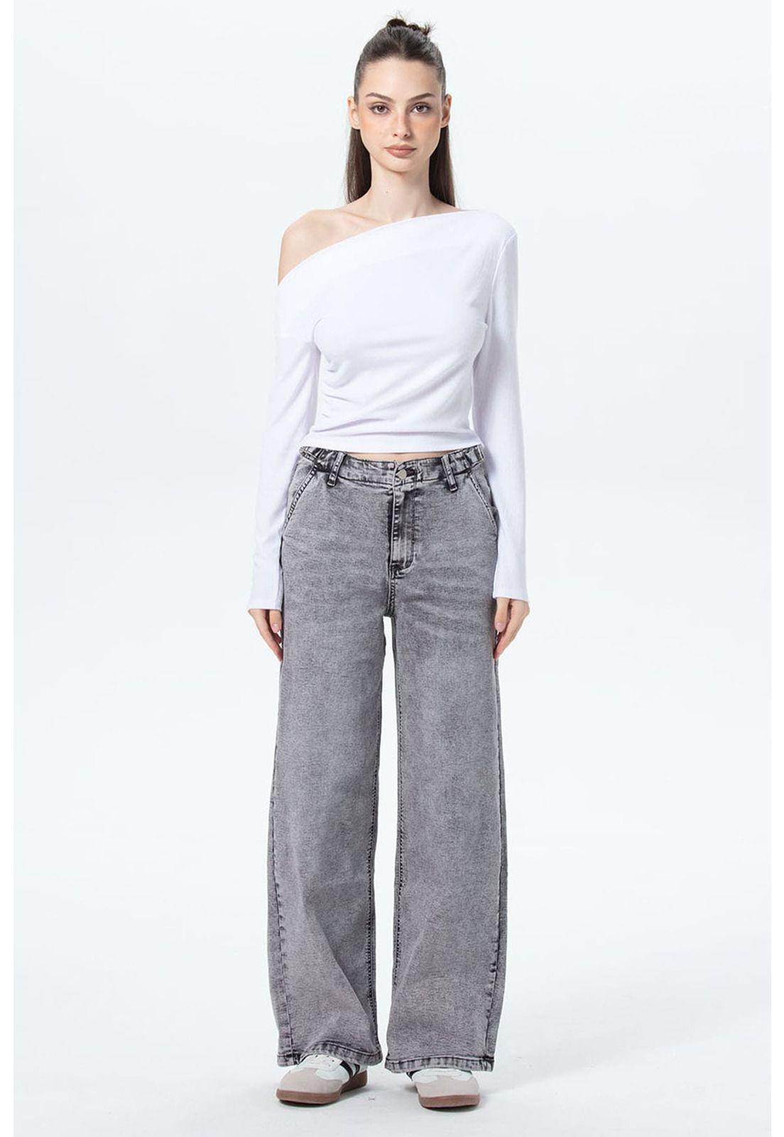 Jeans Mujer Wide Leg Cargo Gris-3