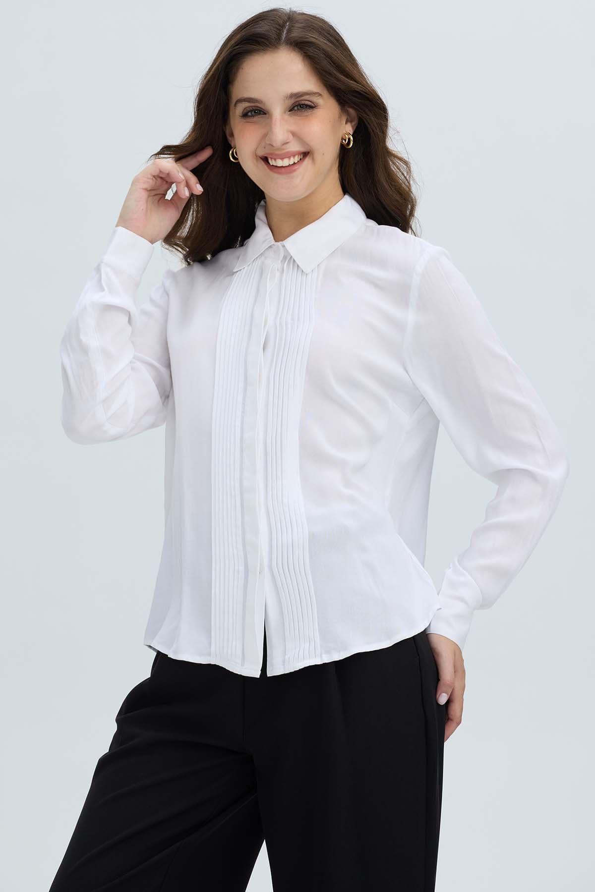 Blusa Mujer Abotonada Pliegues Crudo-0