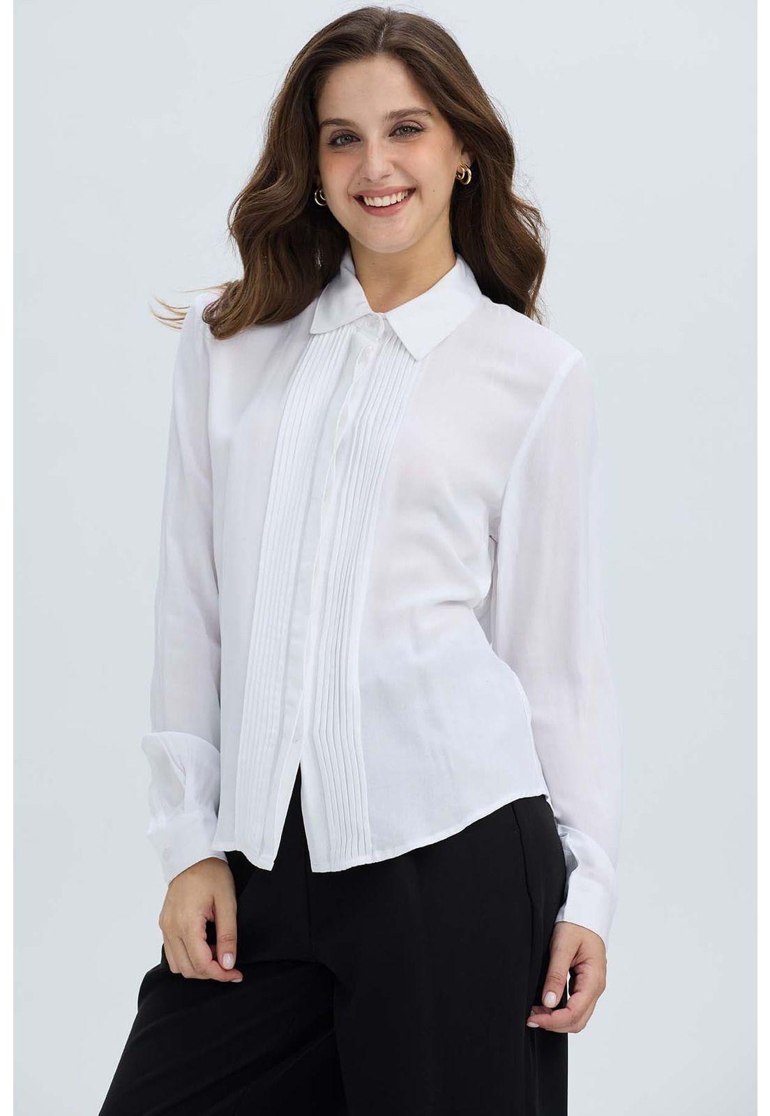 Blusa Mujer Abotonada Pliegues Crudo-1