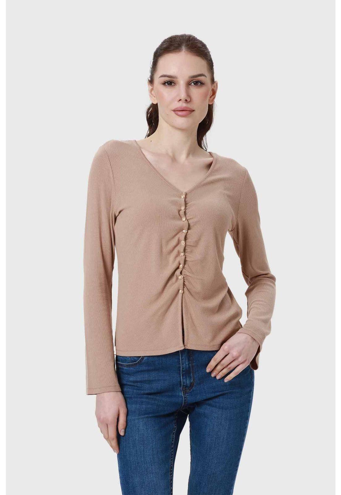 Polera Mujer Recogido Con Botones Beige-0