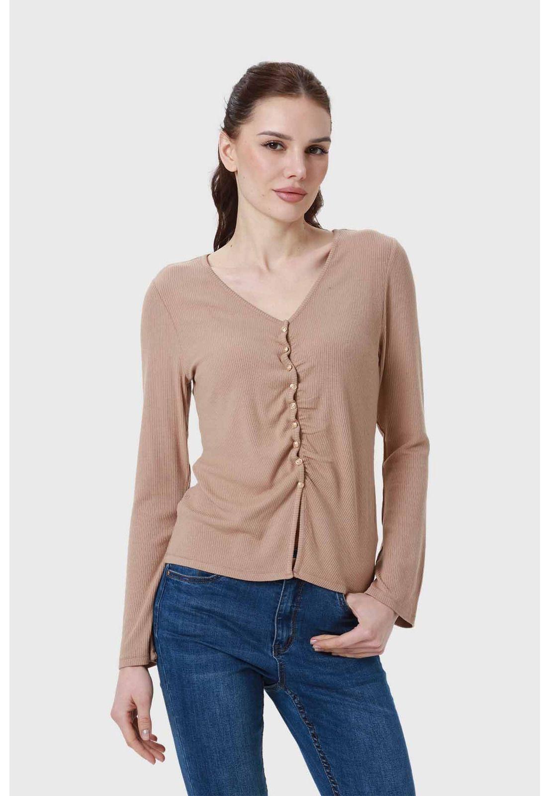 Polera Mujer Recogido Con Botones Beige-1