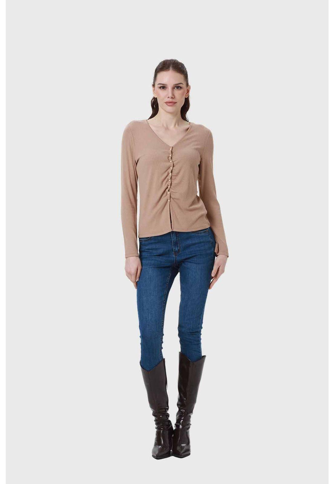 Polera Mujer Recogido Con Botones Beige-3