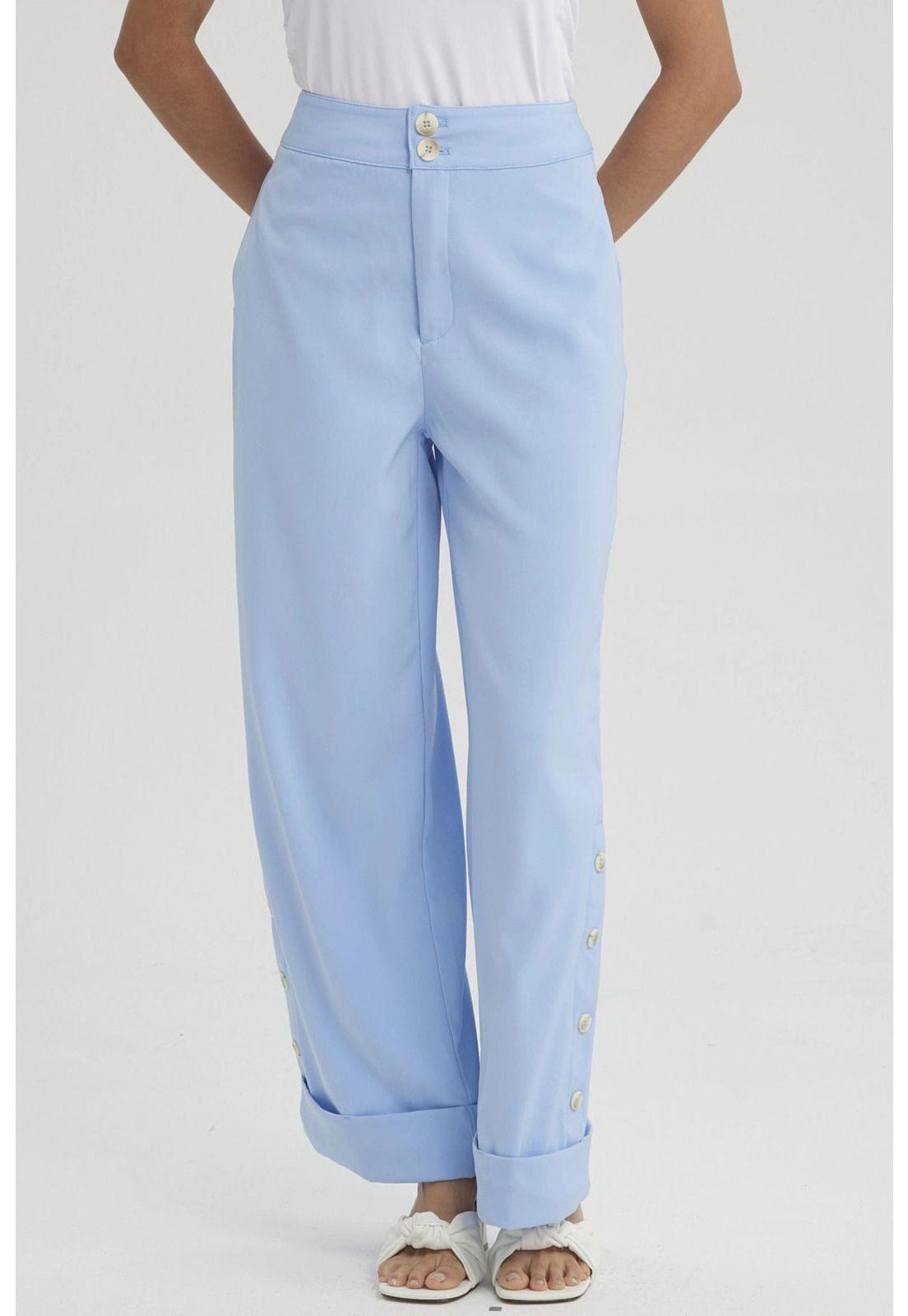 Pantalón Mujer Sastrero Aplicación Botón Costado Celeste-0