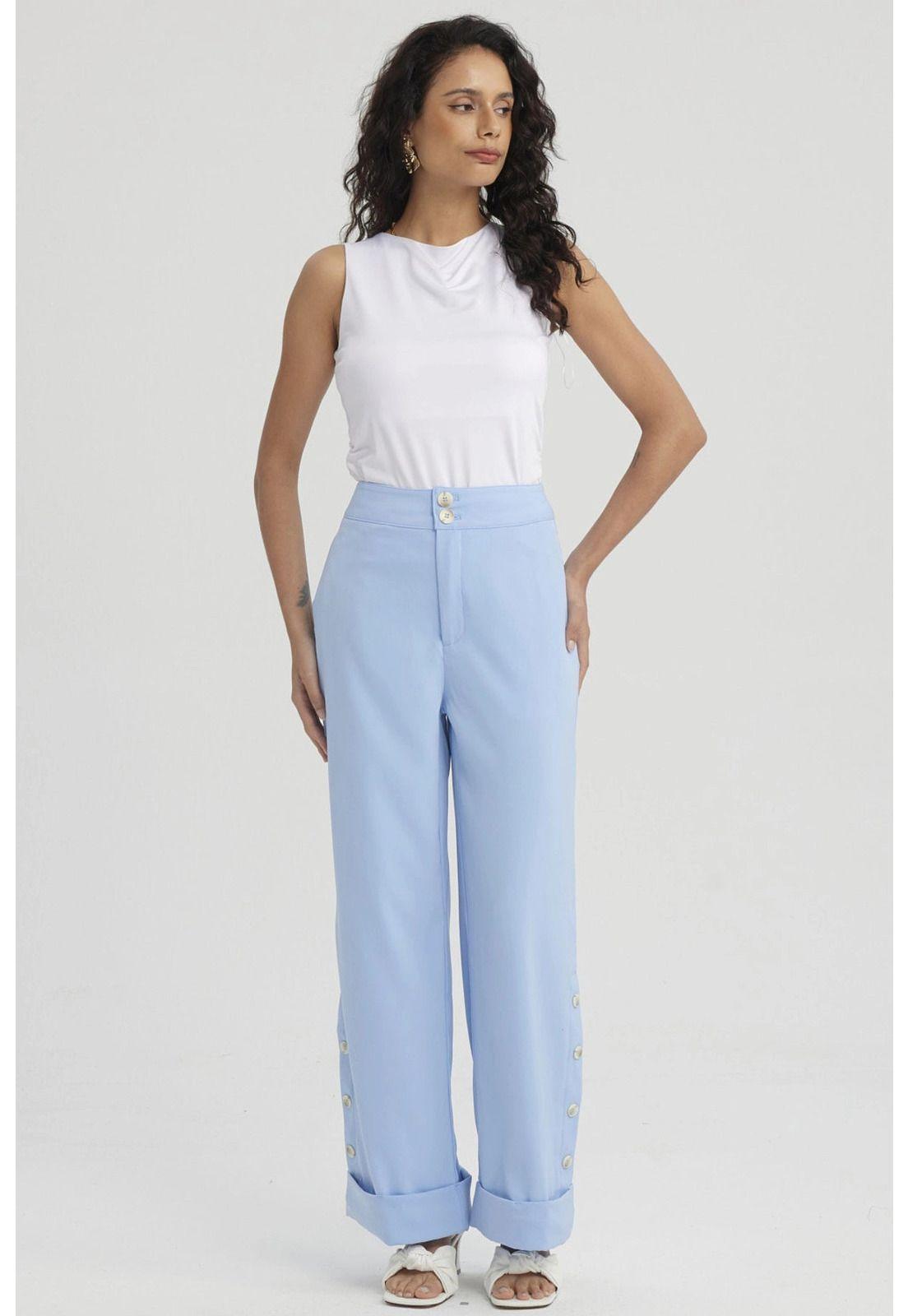 Pantalón Mujer Sastrero Aplicación Botón Costado Celeste-1