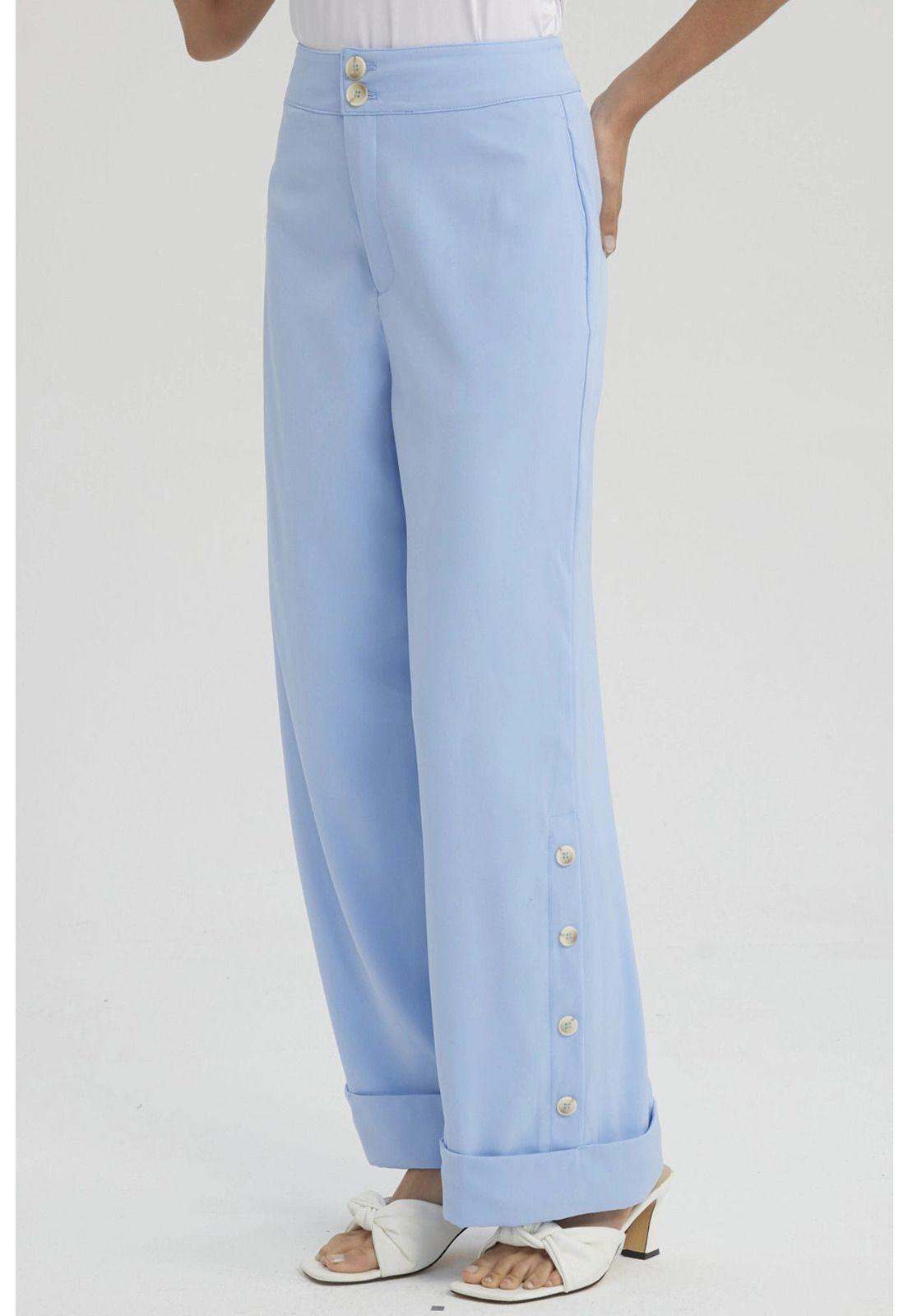 Pantalón Mujer Sastrero Aplicación Botón Costado Celeste-3
