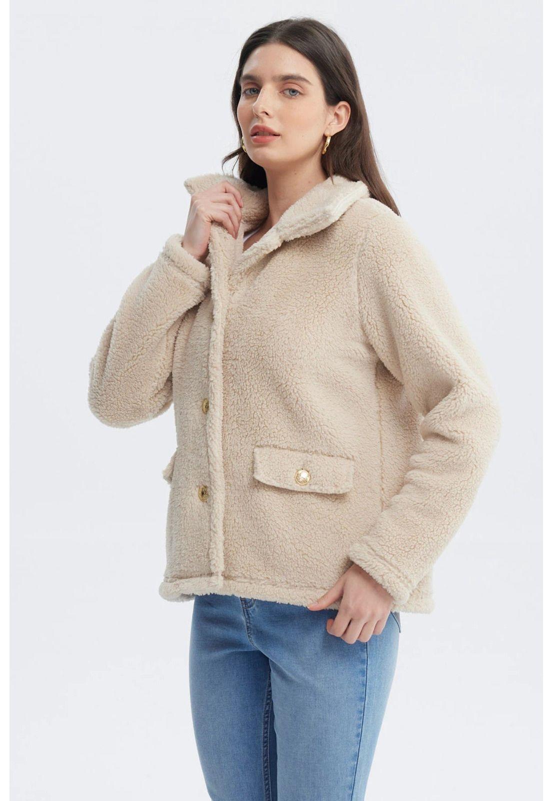 Polar Mujer Cuello Camisero Beige-1