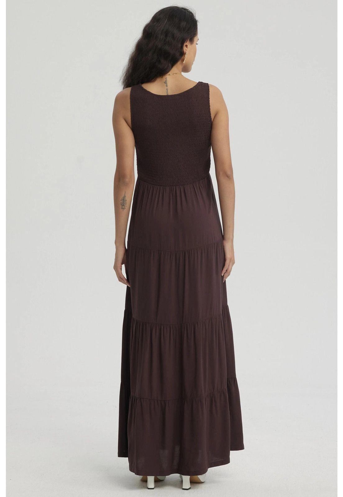 Vestido Mujer Largo En Capas Aplicación Panal Café Oscuro-2