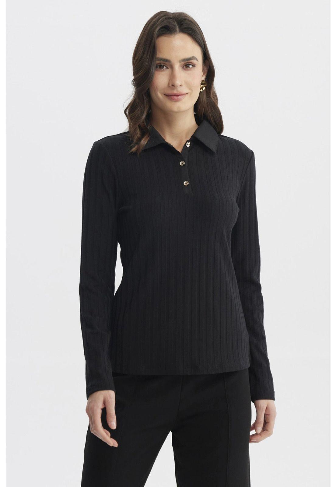 Polera Mujer Cuello Camisero Negro - lll-0