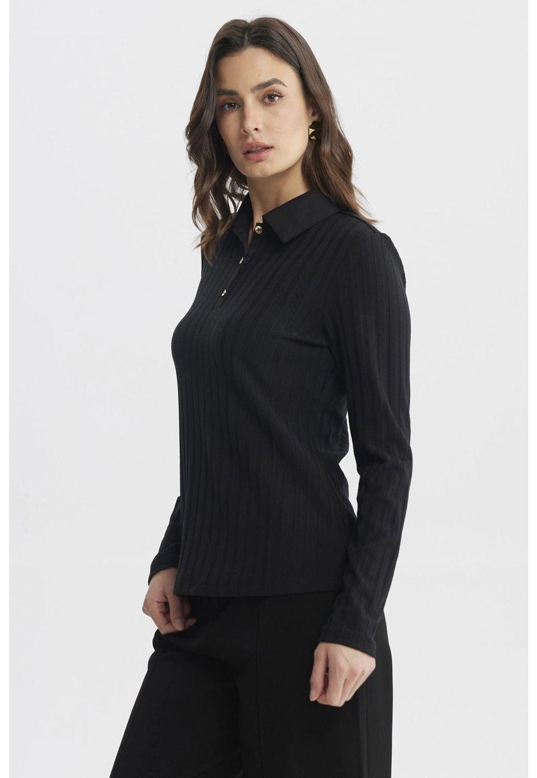 Polera Mujer Cuello Camisero Negro - lll-1