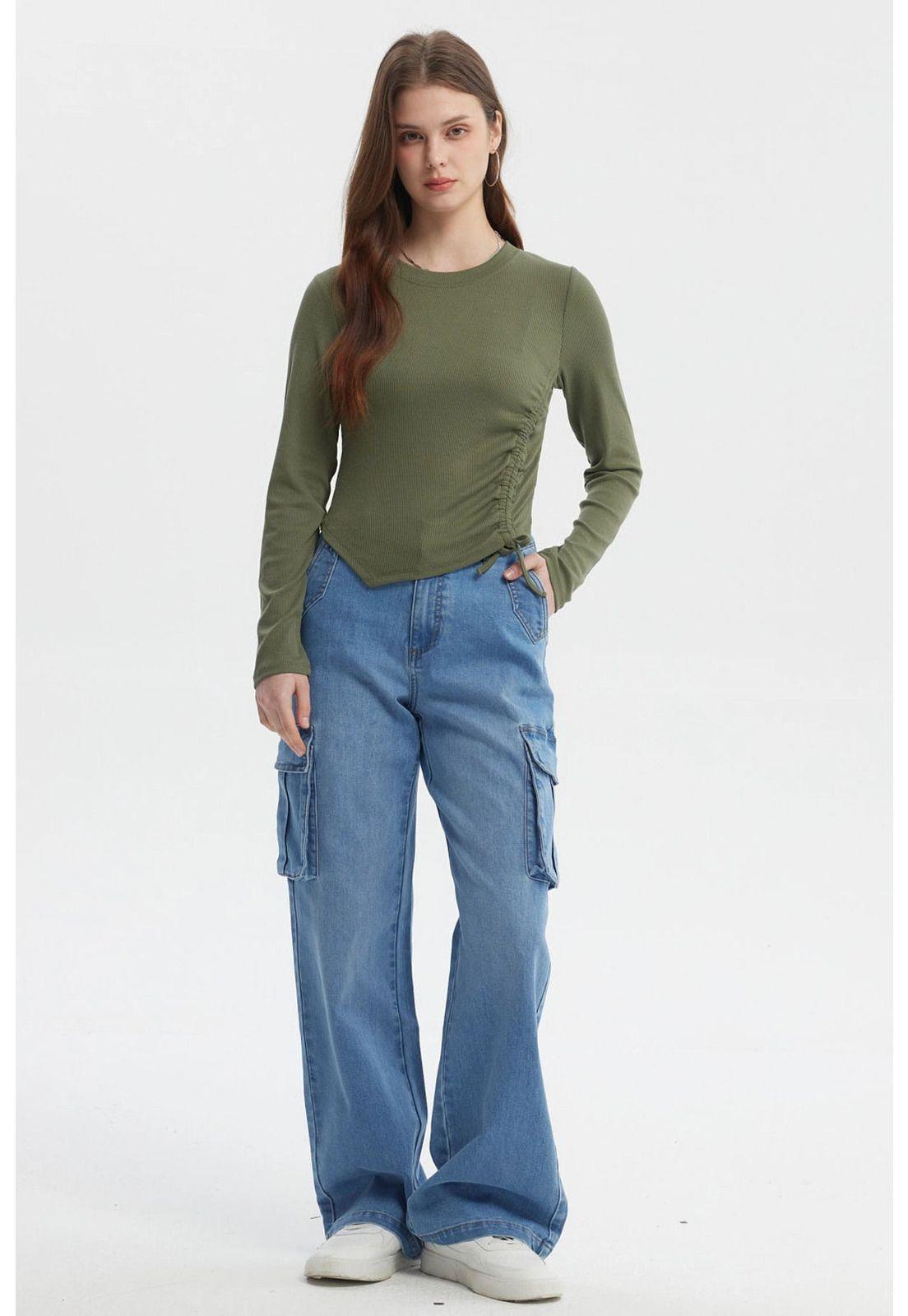 Polera Mujer Recogido Costado Verde Militar Claro-3