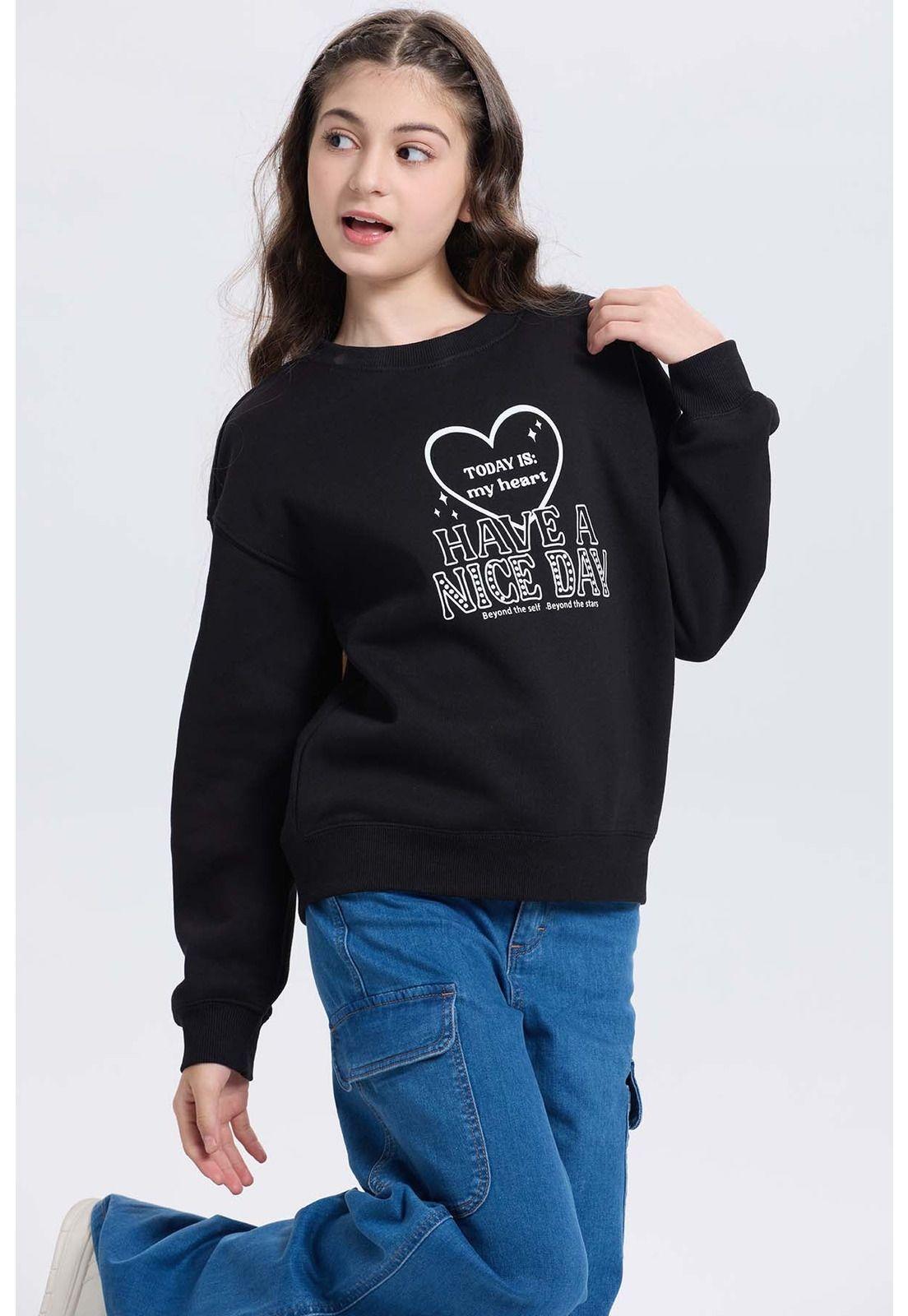 Polerón Niña Print Básico Negro-1