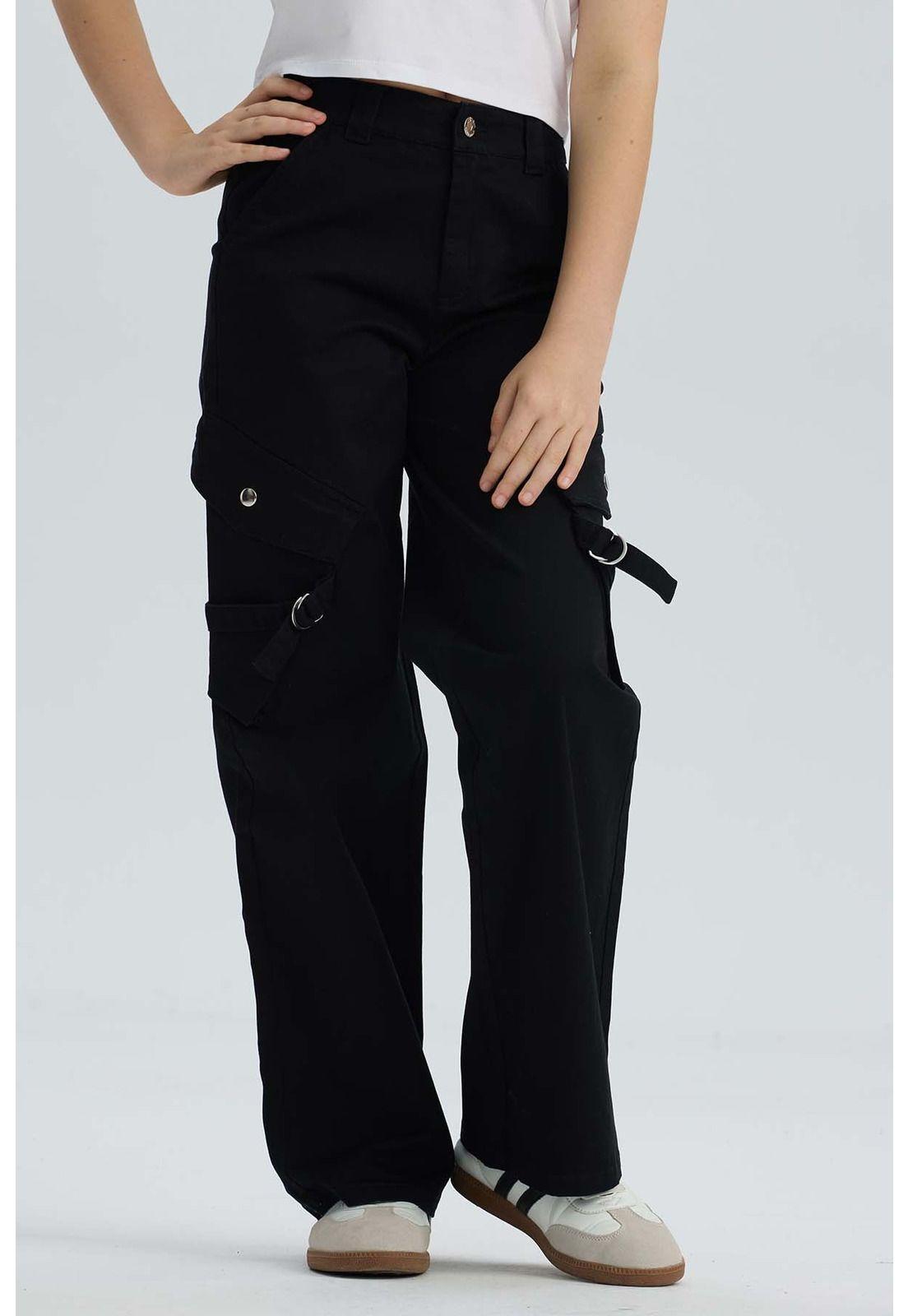 Pantalón Niña Con Bolsillos Cargos Negro-0