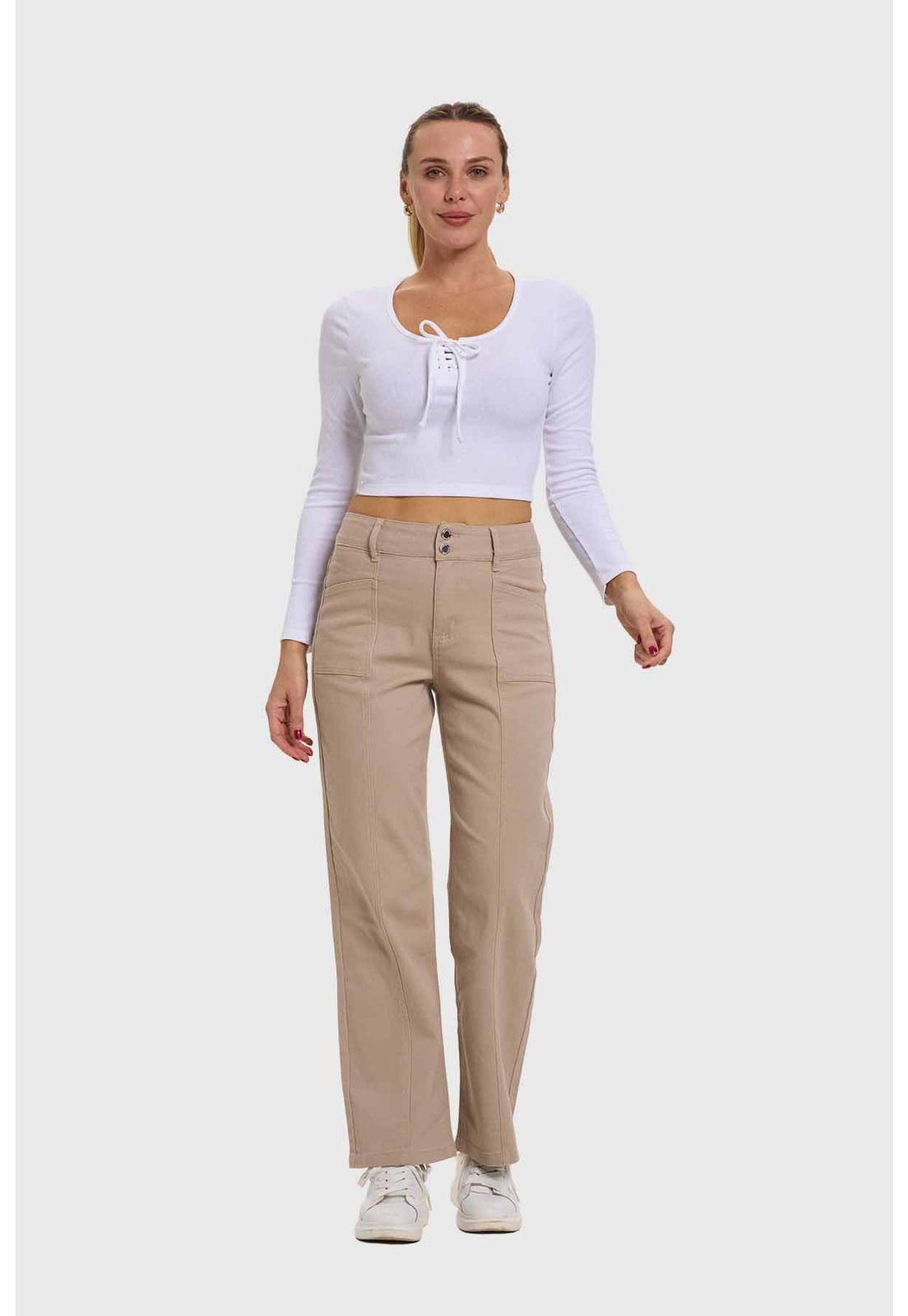 Jeans Mujer Línea Bolsillo Calce Recto Café-3