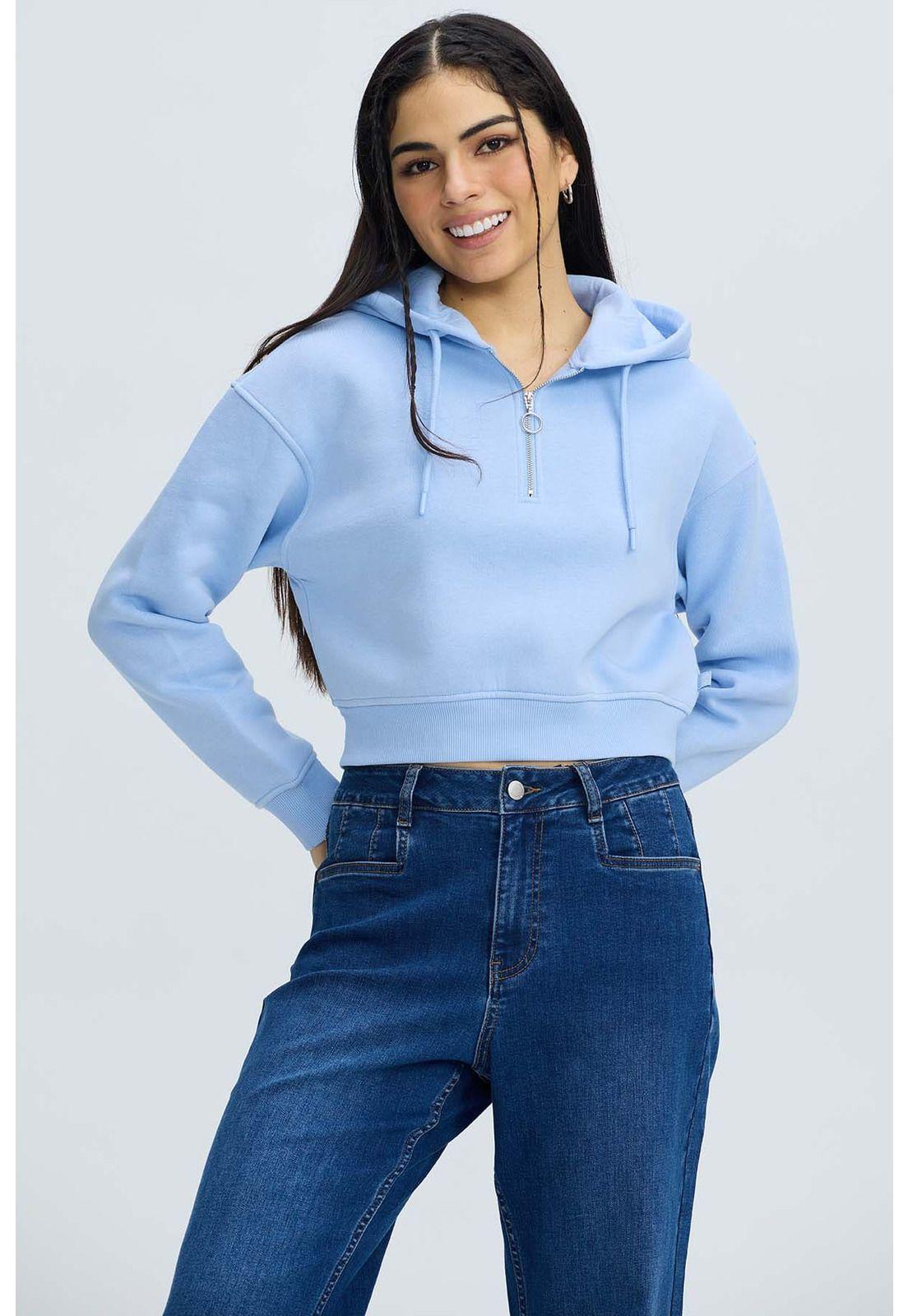 Polerón Mujer Medio Zipper Crop Celeste-1