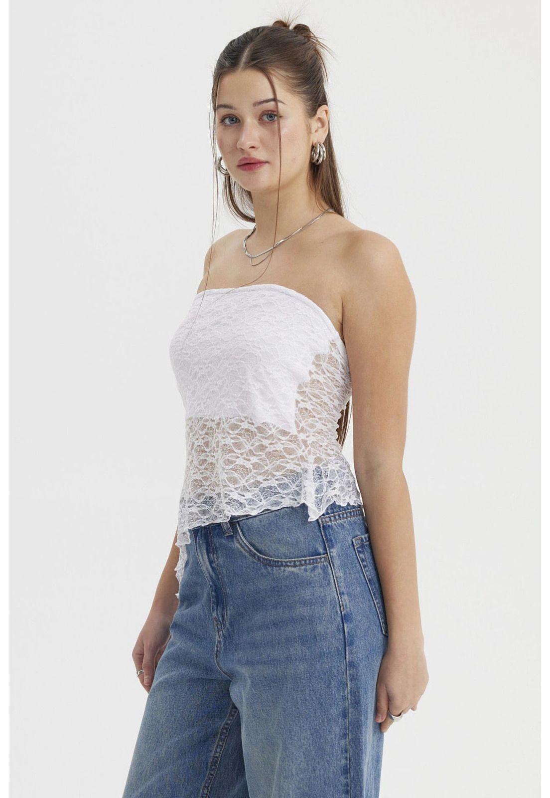 Polera Mujer Strapless Encaje Blanco-1