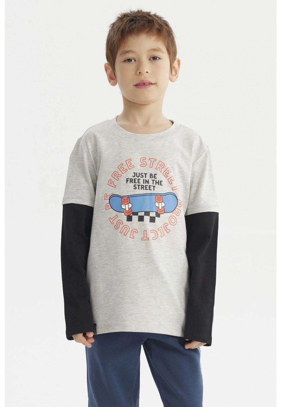 Polera Niño Básica Print Gris Melange Claro-0
