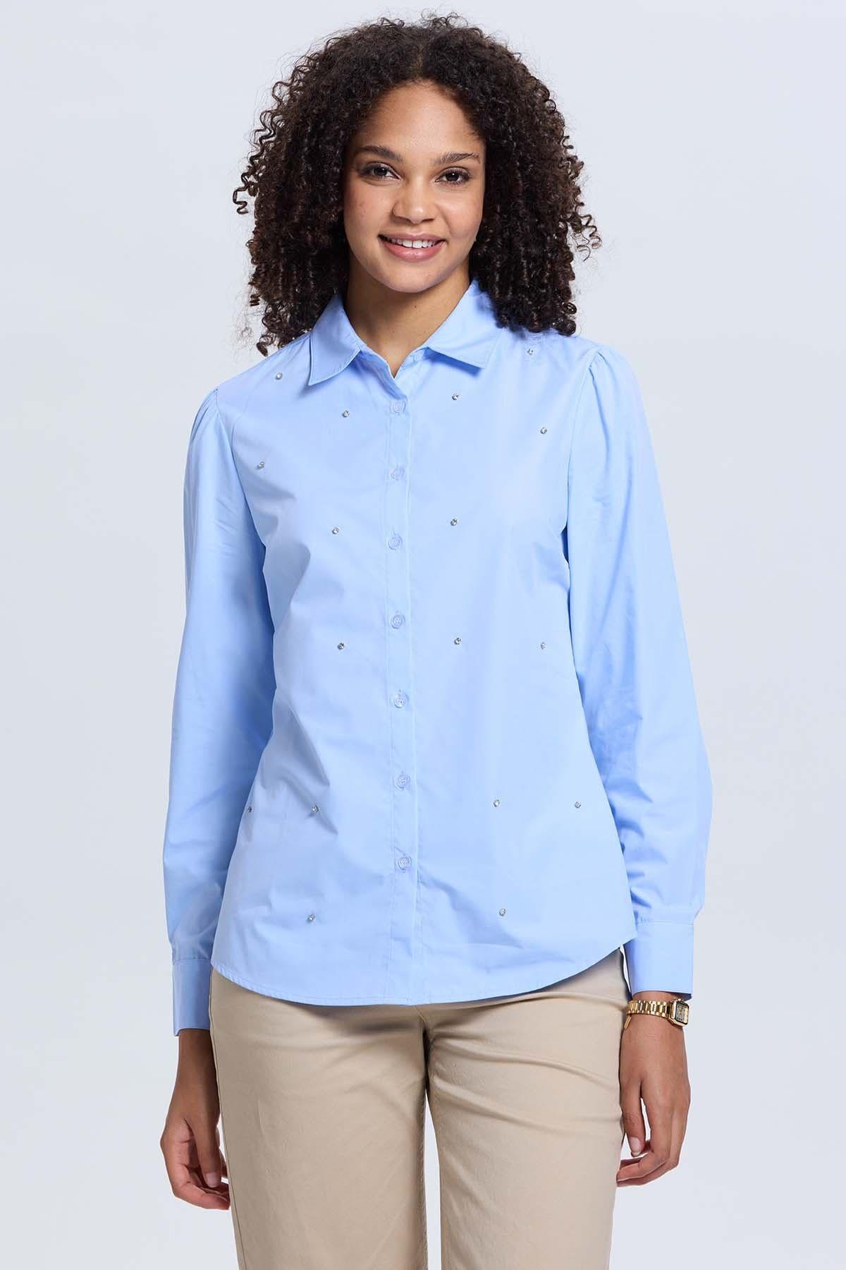 Blusa Mujer Satinada Bolsillo Celeste-0