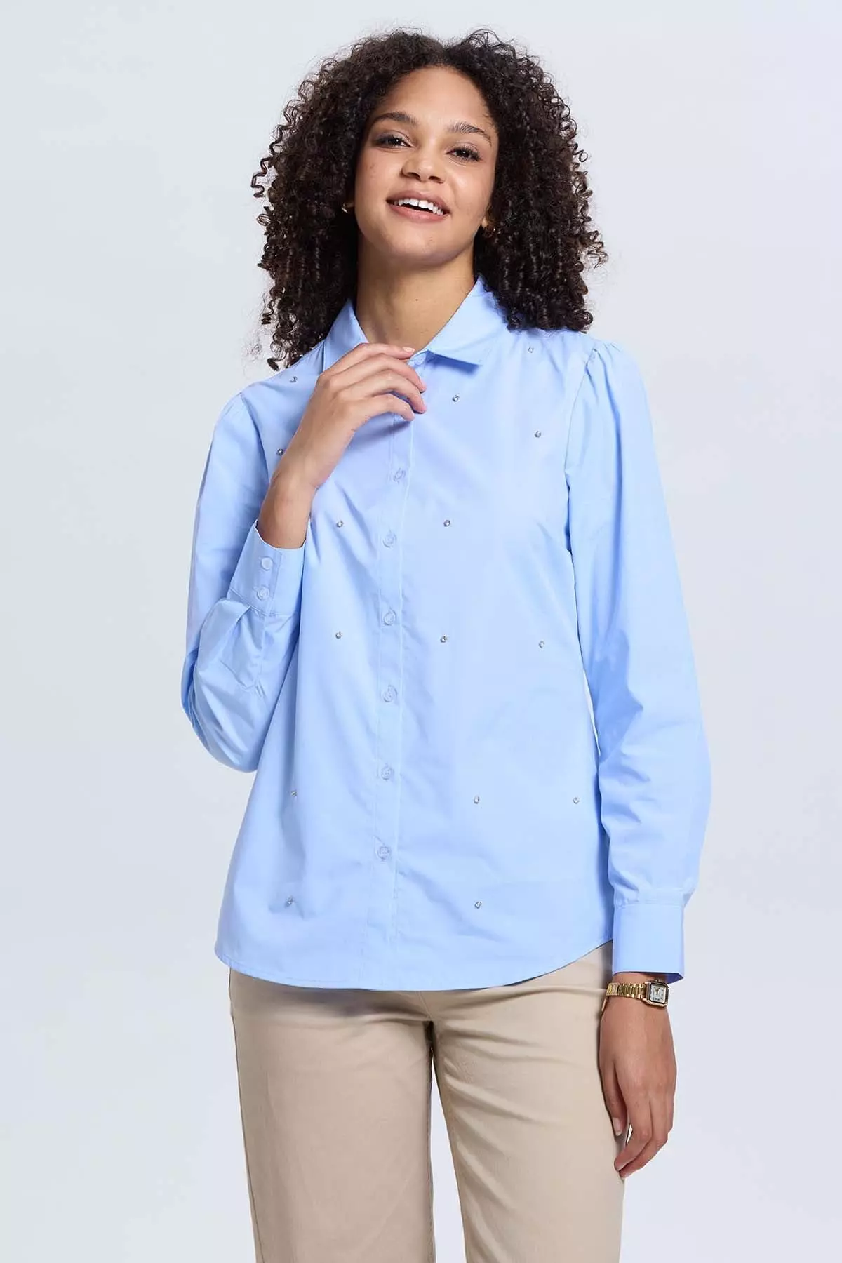 Blusa Mujer Satinada Bolsillo Celeste-1