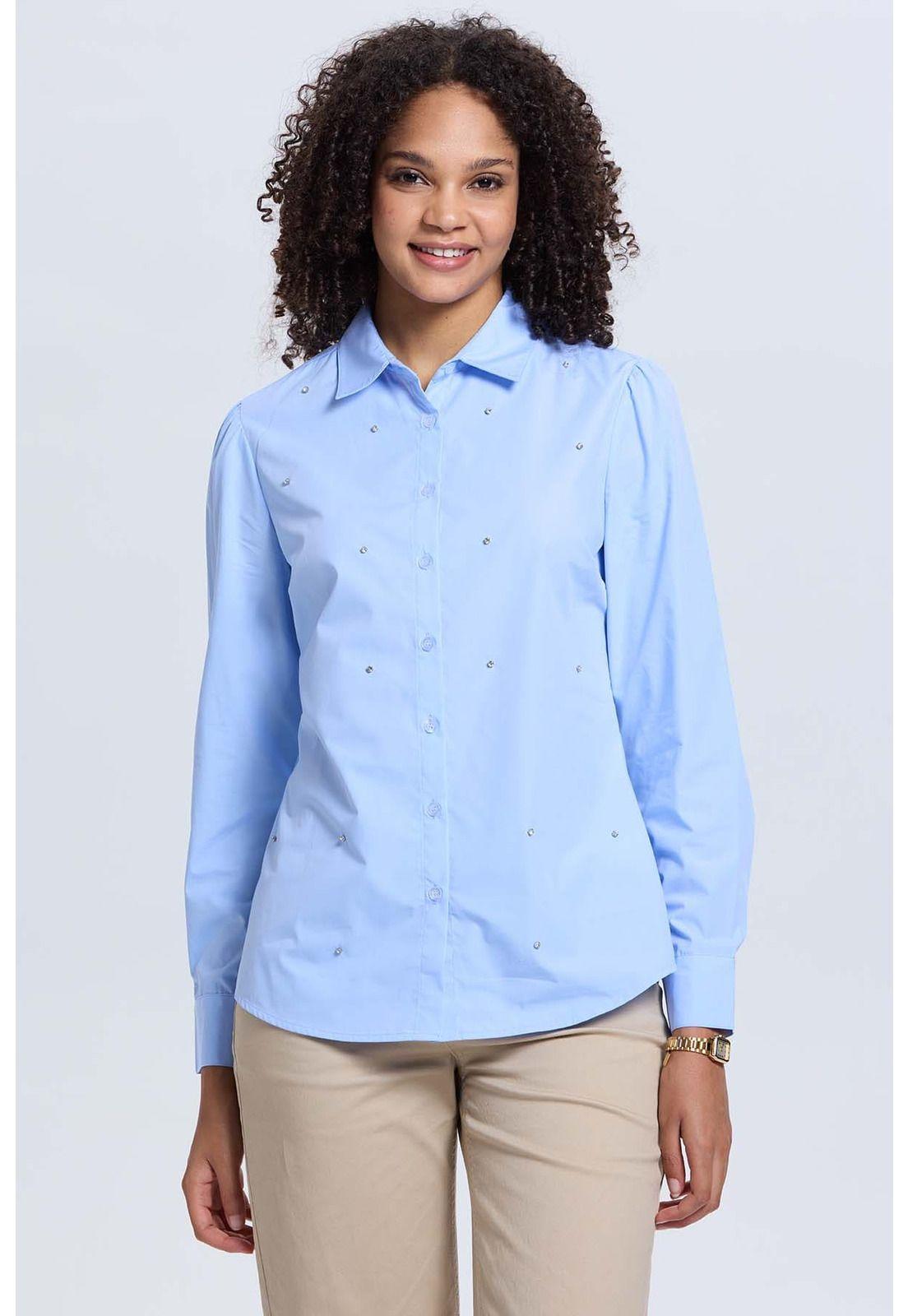 Blusa Mujer Satinada Bolsillo Celeste-0