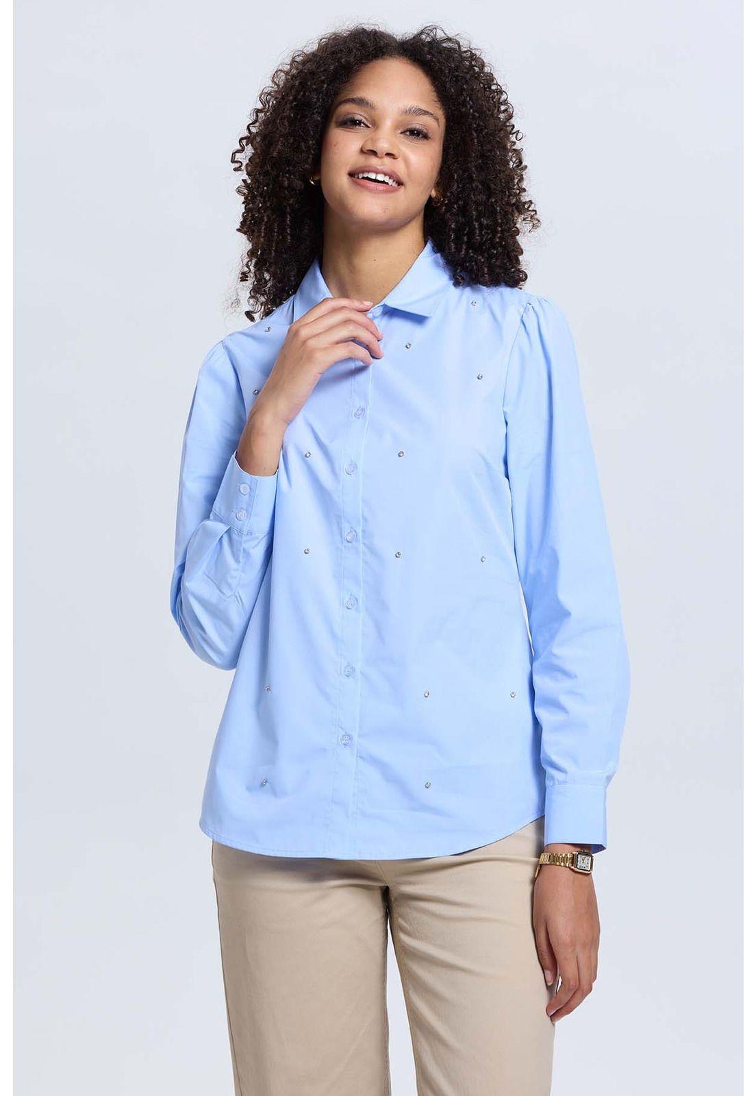 Blusa Mujer Satinada Bolsillo Celeste-1