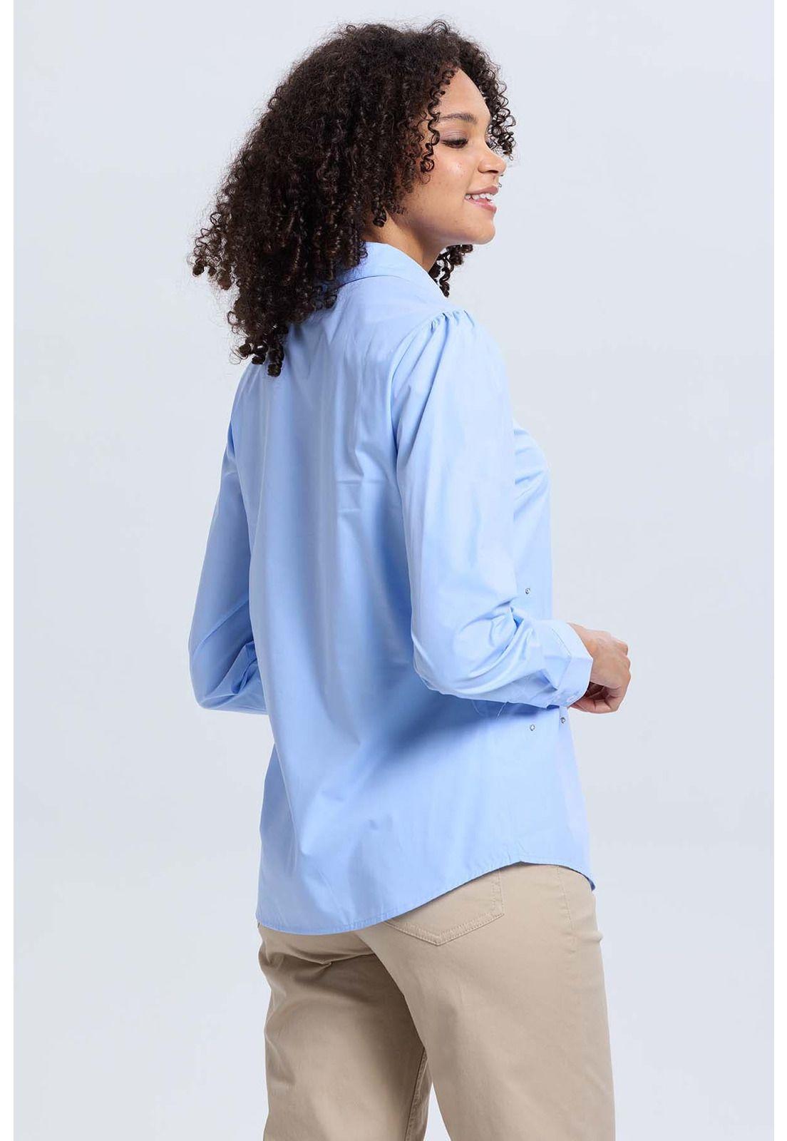 Blusa Mujer Satinada Bolsillo Celeste-2