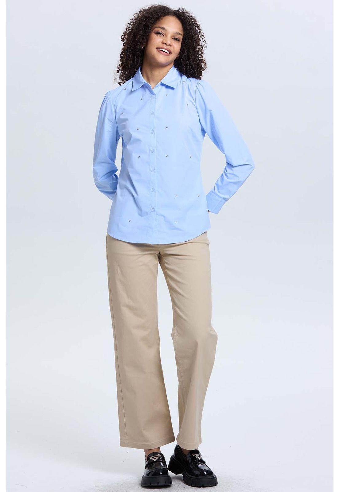 Blusa Mujer Satinada Bolsillo Celeste-3