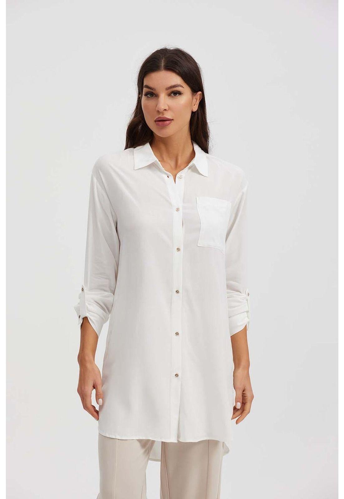 Blusa Mujer Larga Con Botón Parche Crudo-0