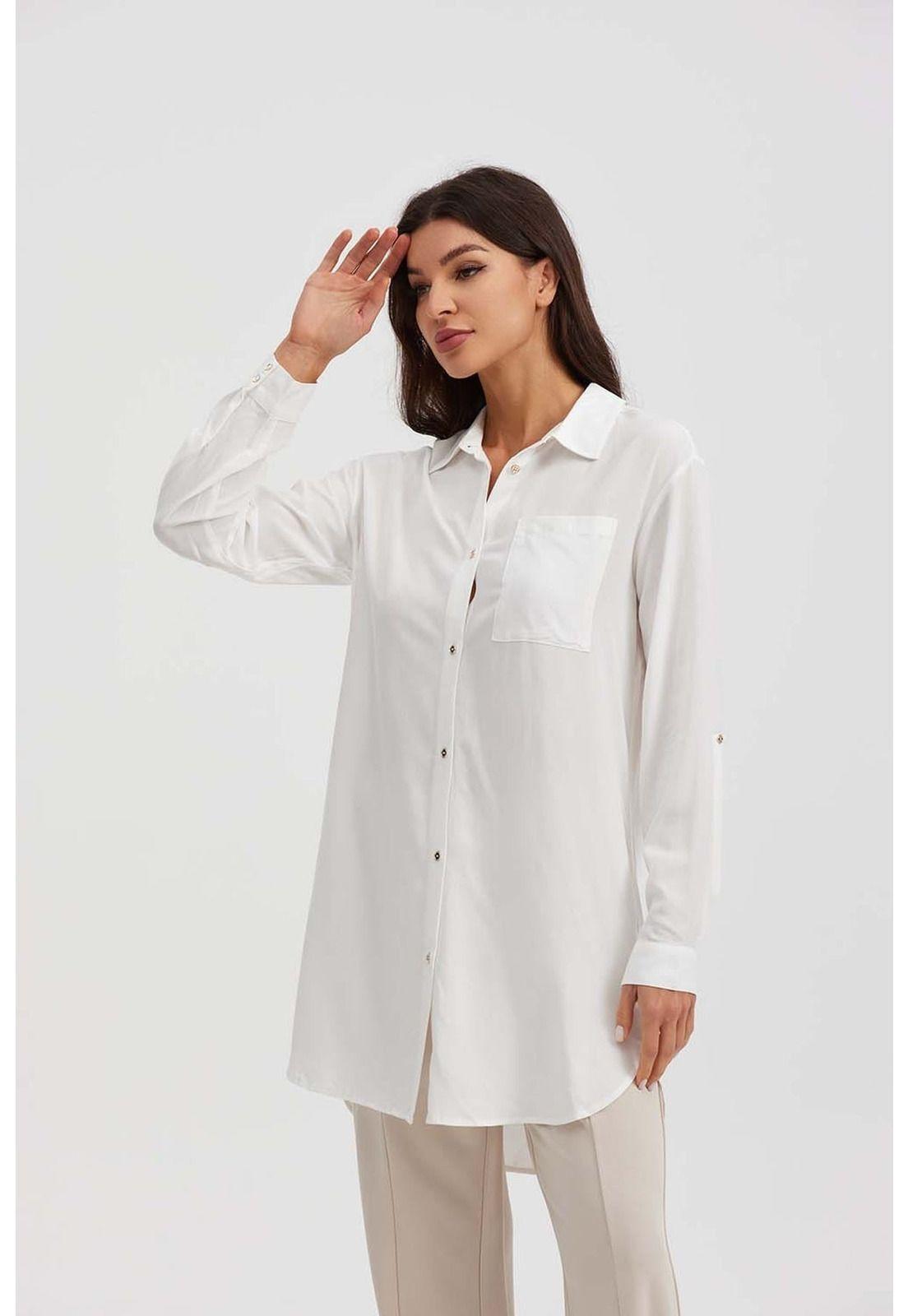Blusa Mujer Larga Con Botón Parche Crudo-1