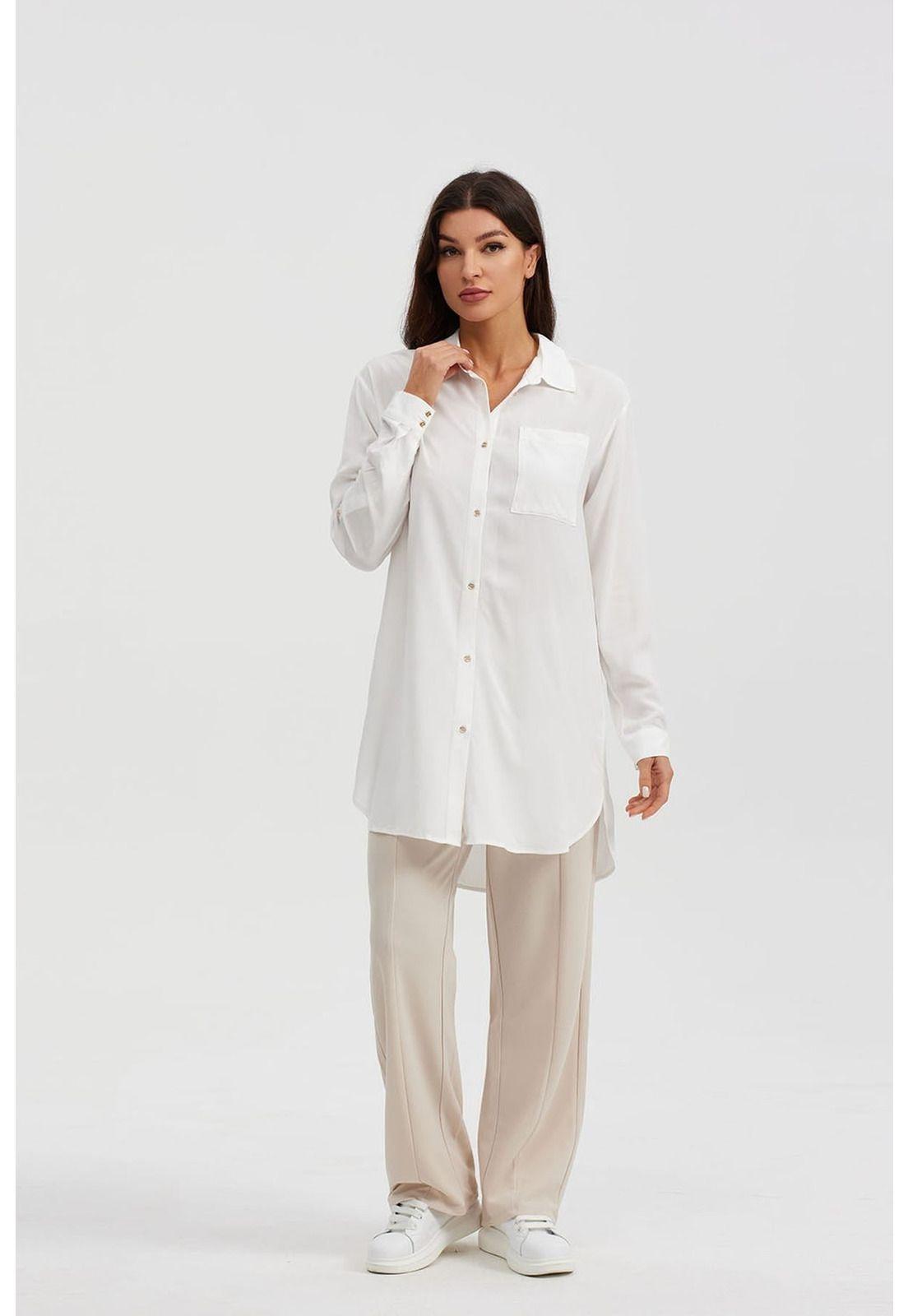 Blusa Mujer Larga Con Botón Parche Crudo-3