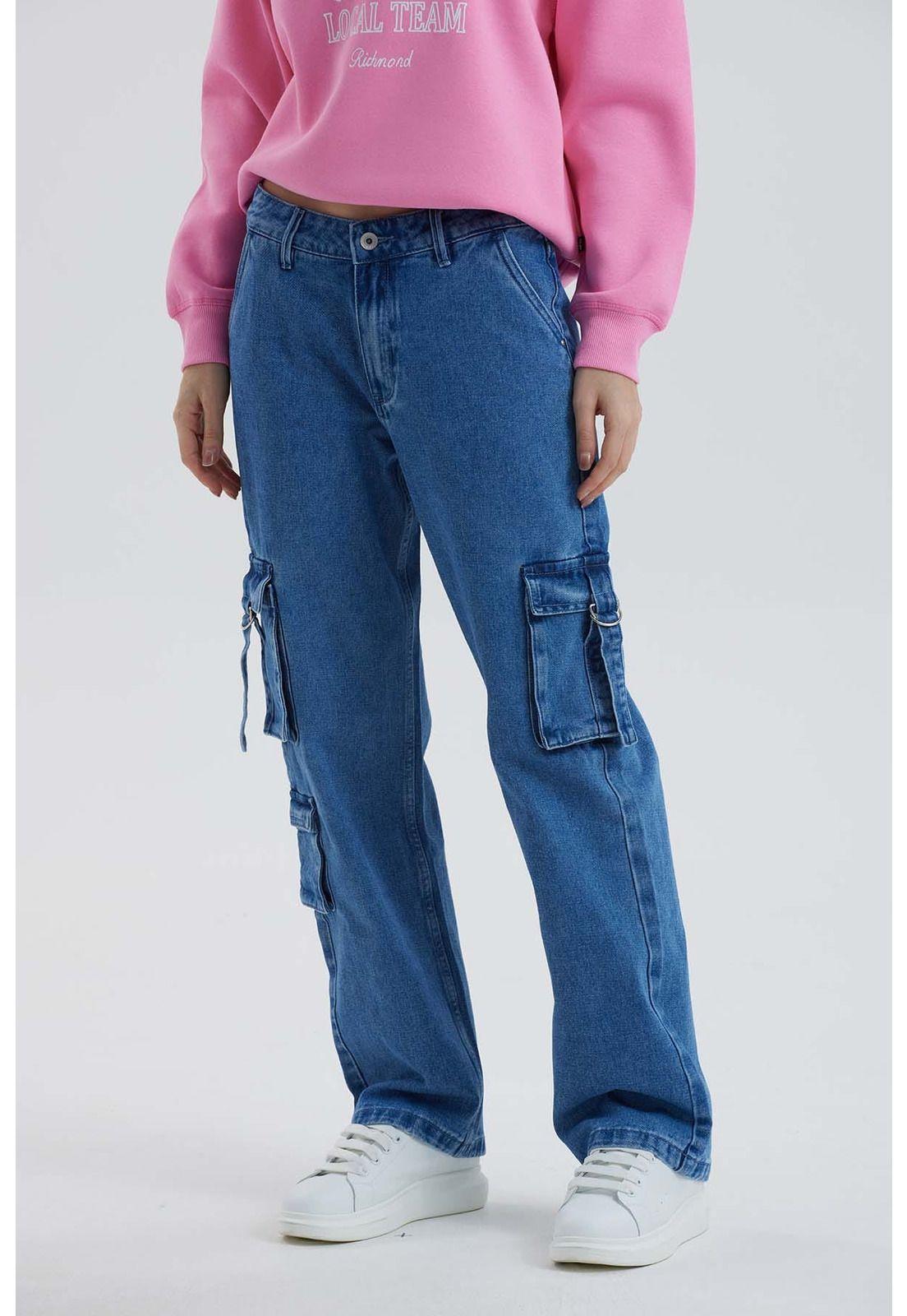 Jeans Mujer Recto Cargo Azul-1
