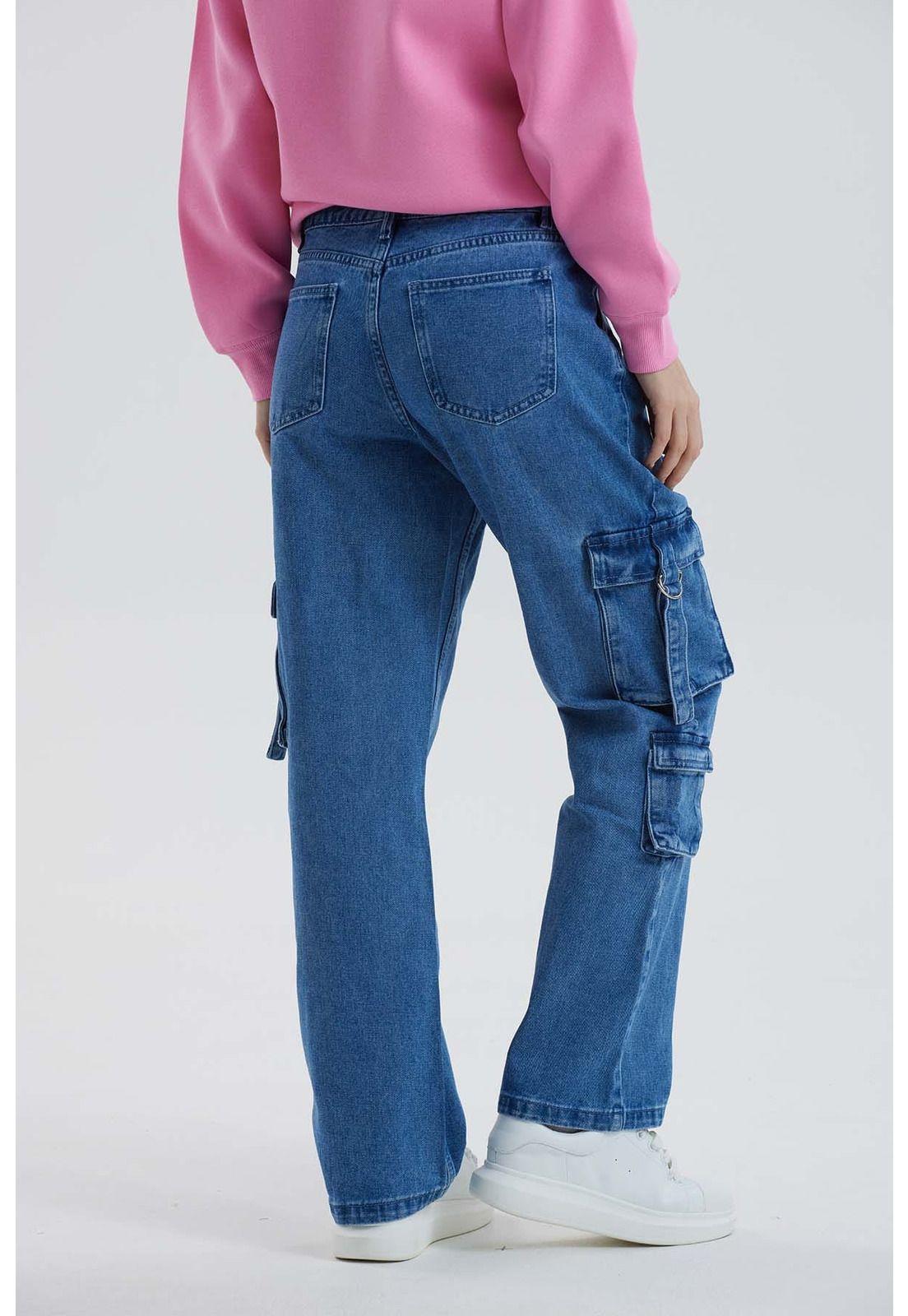 Jeans Mujer Recto Cargo Azul-2