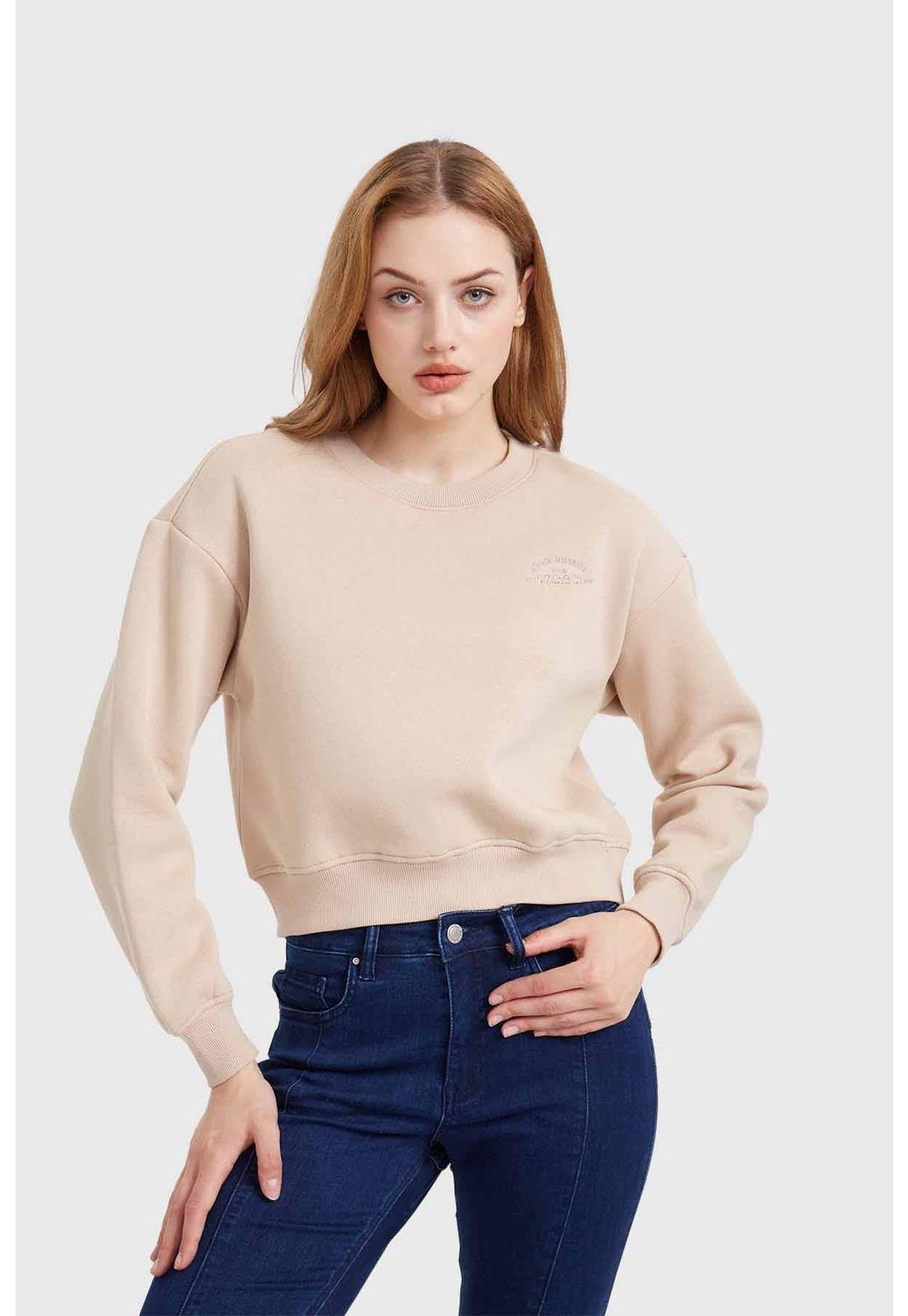 Polerón Mujer Cropped Bordado Beige-0