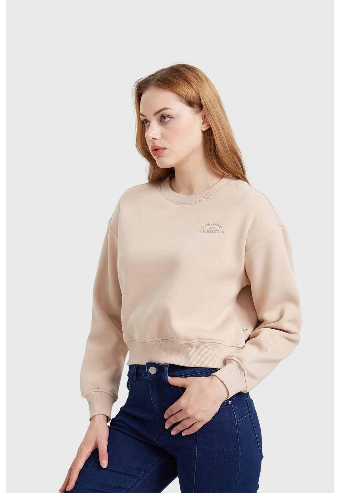 Polerón Mujer Cropped Bordado Beige-1