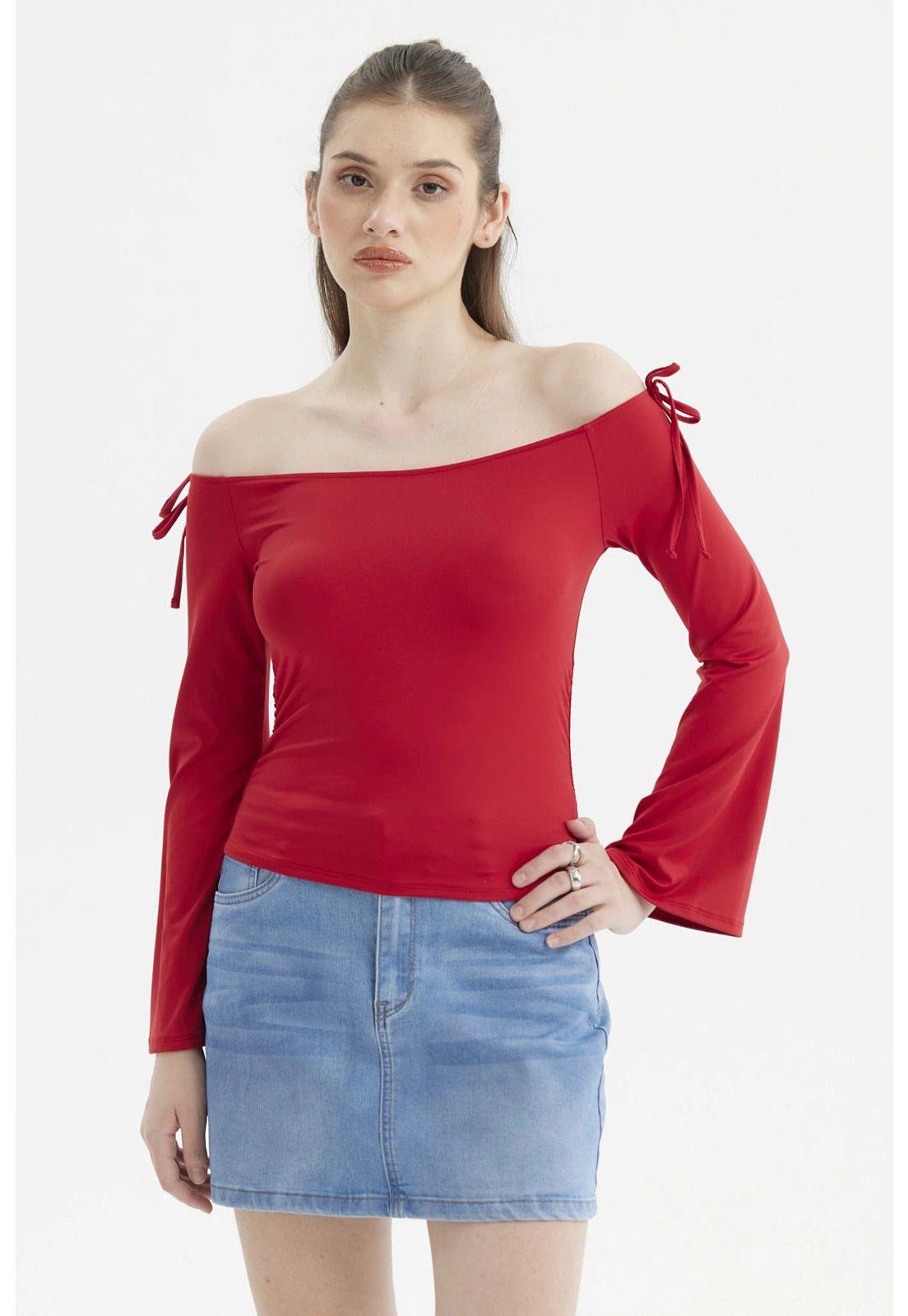 Polera Mujer Bardot Hombros Rojo-0