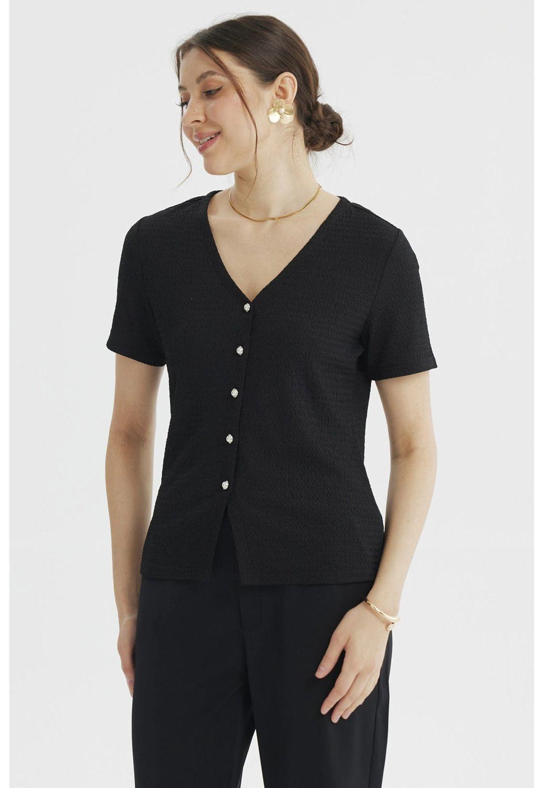 Polera Mujer Botones Perlas Negro-1