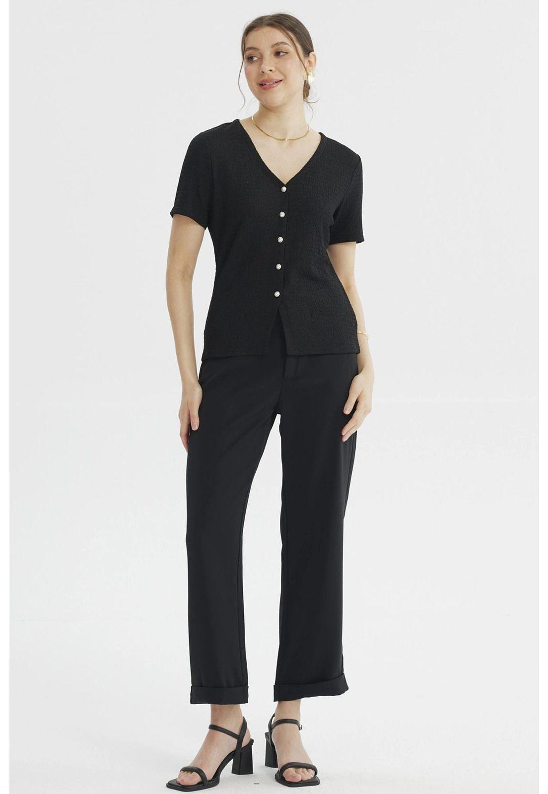 Polera Mujer Botones Perlas Negro-3