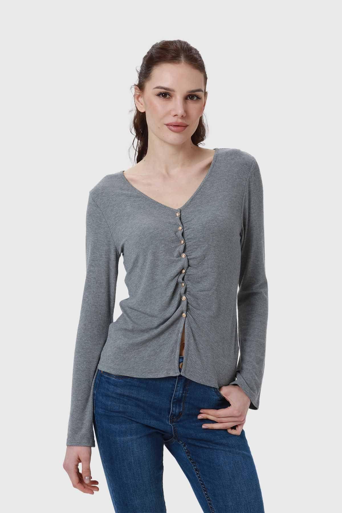 Polera Mujer Recogido Con Botones Gris-0