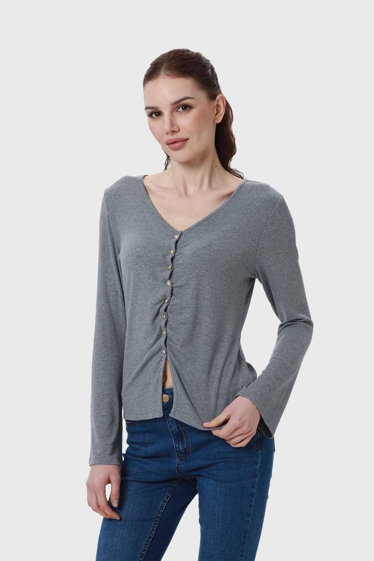 Polera Mujer Recogido Con Botones Gris-1