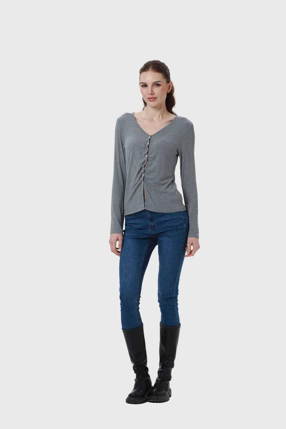 Polera Mujer Recogido Con Botones Gris-3